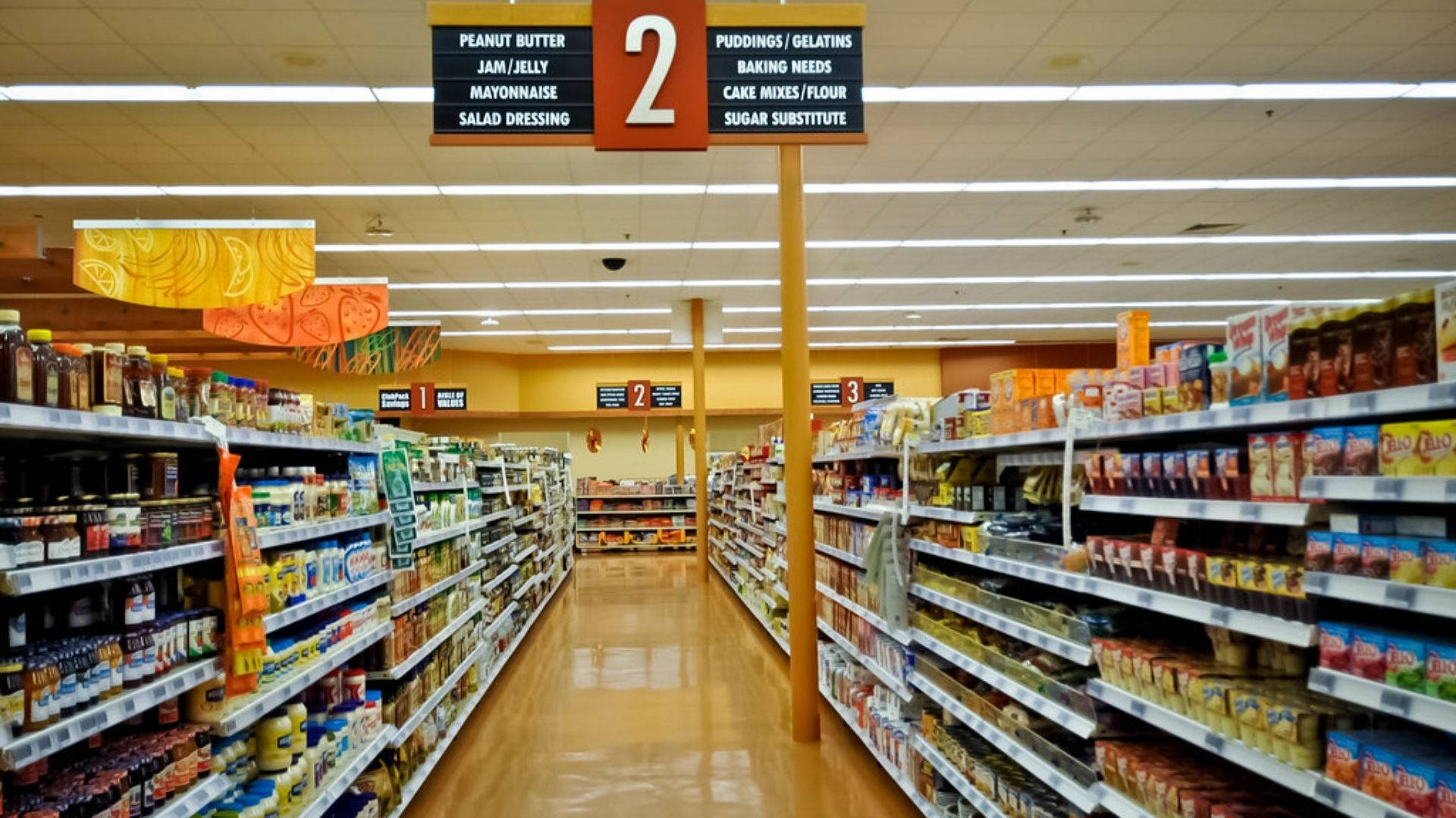 grocery store aisle, condiments, baking goods, Full HD Desktop Wallpaper