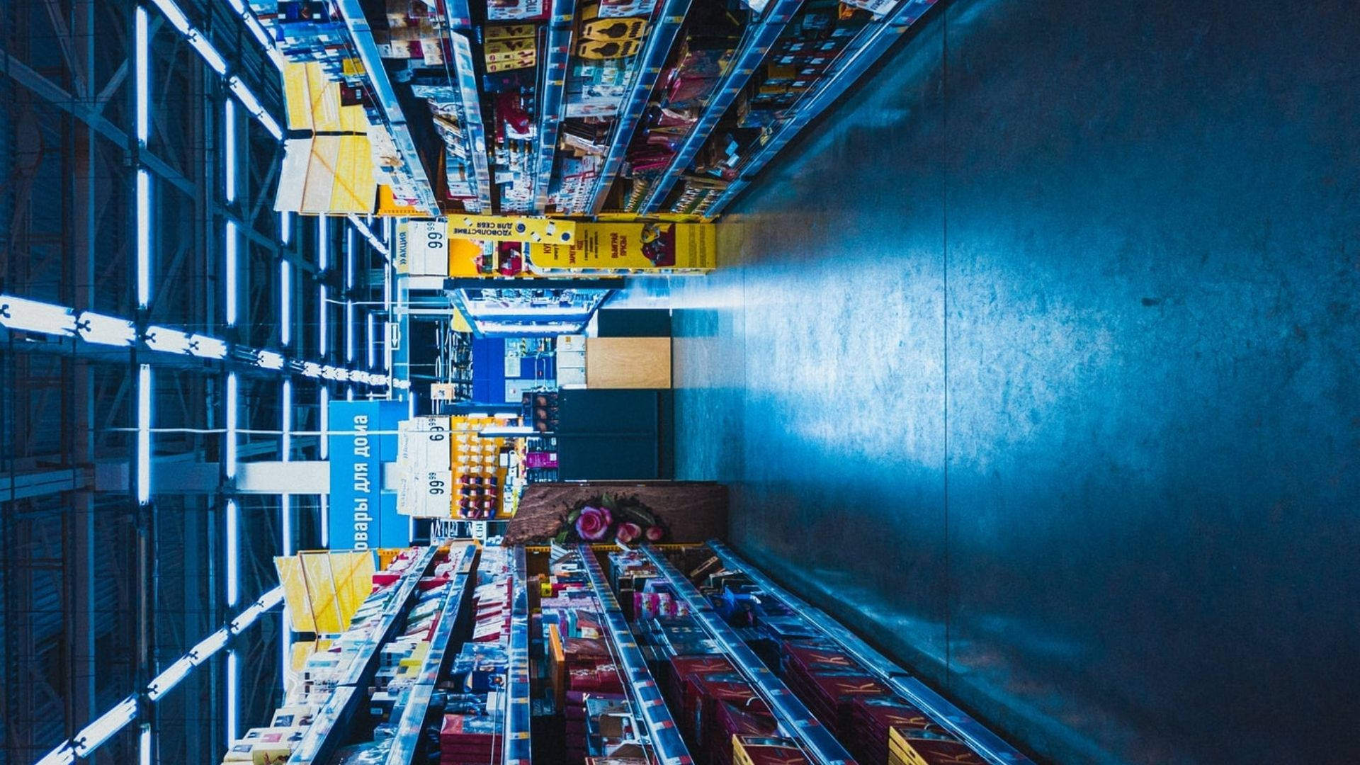 blue grocery store, warehouse aisle, towering shelves, Full HD Desktop Wallpaper
