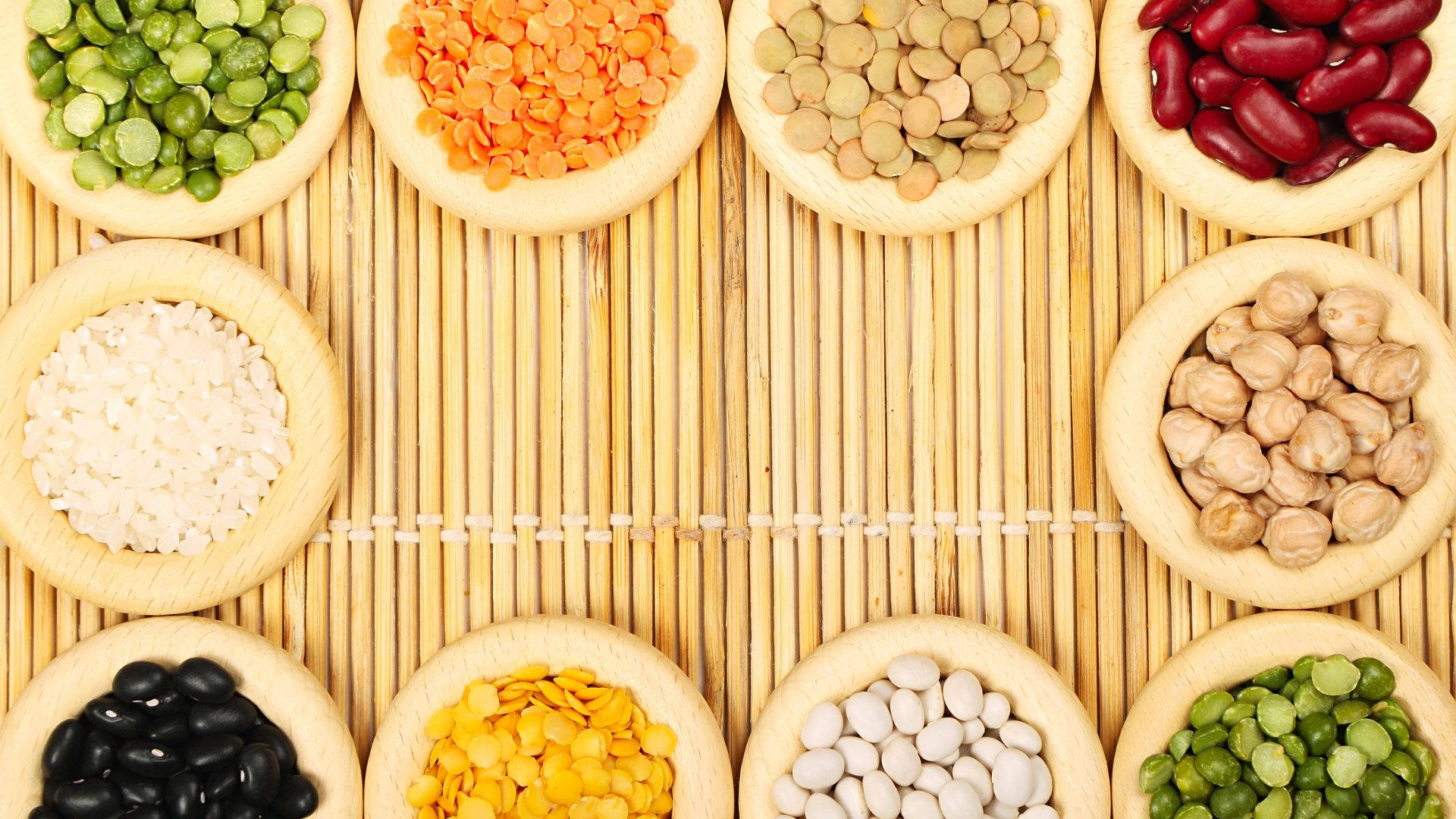 wooden bowls, colorful legumes and grains, bamboo mat, Full HD Desktop Wallpaper