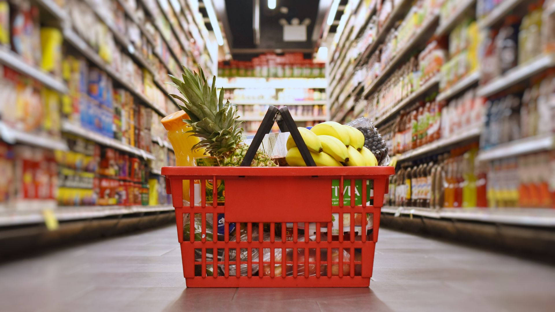red shopping basket, pineapple, bananas, Full HD Desktop Wallpaper
