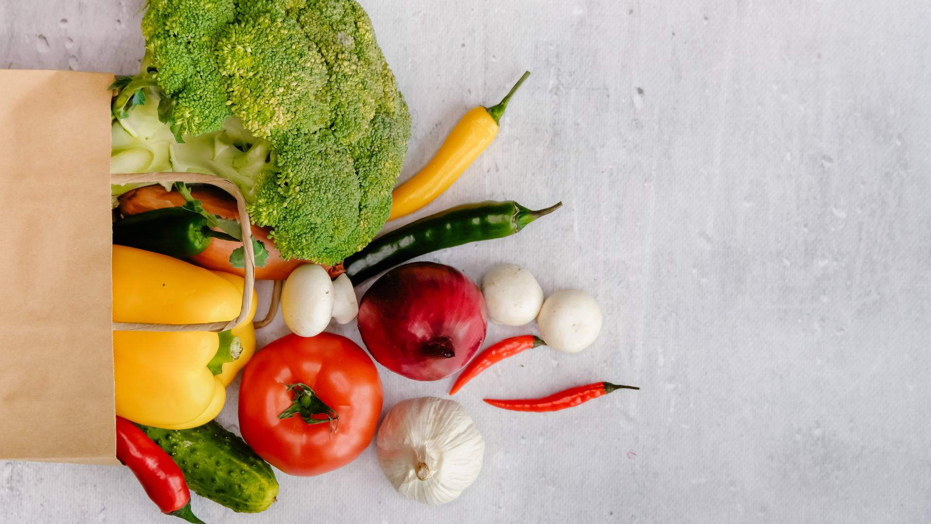 brown paper bag, fresh vibrant vegetables, textured gray surface, Full HD Desktop Wallpaper