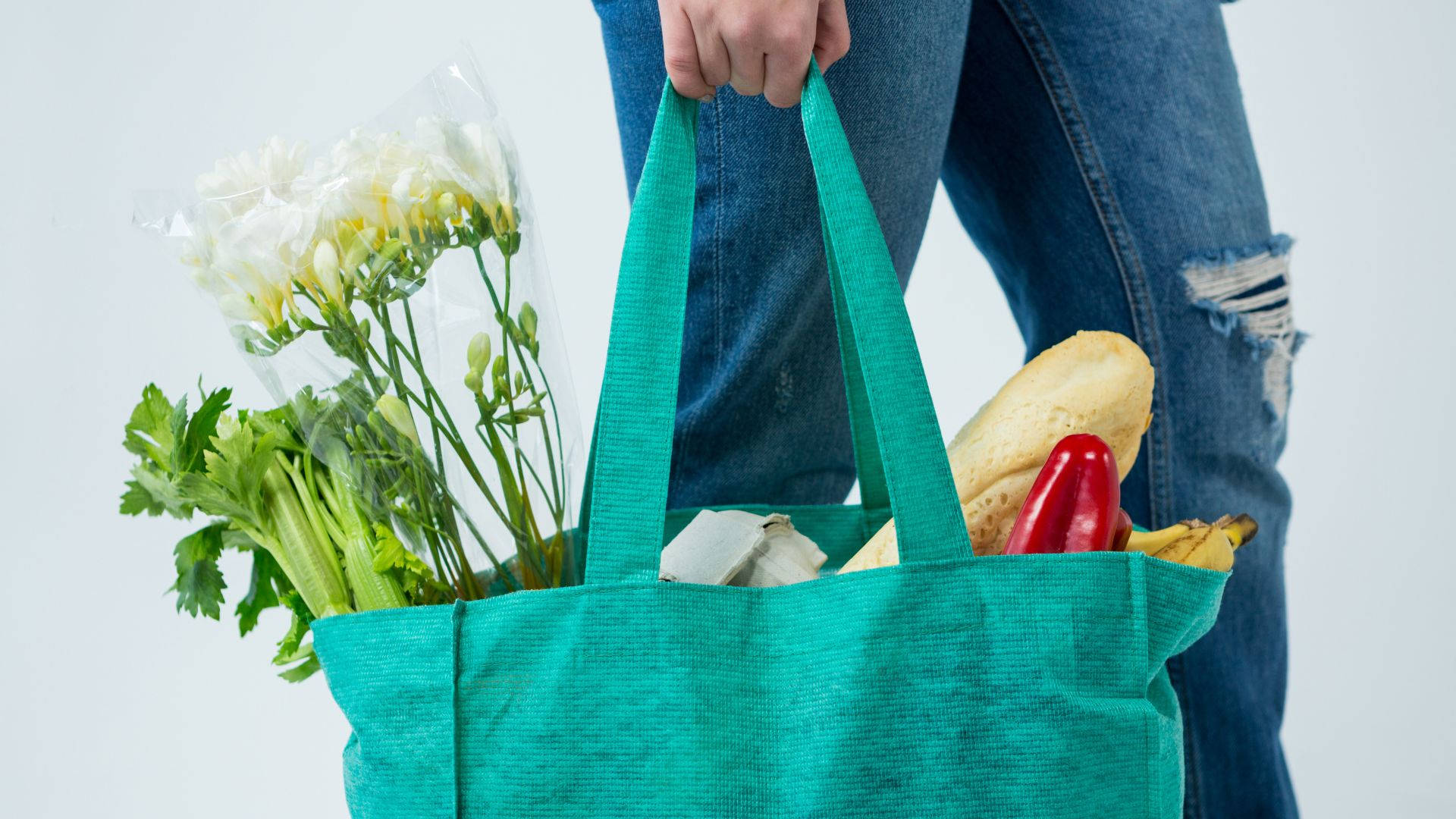 teal reusable bag, fresh groceries, white flowers, Full HD Desktop Wallpaper