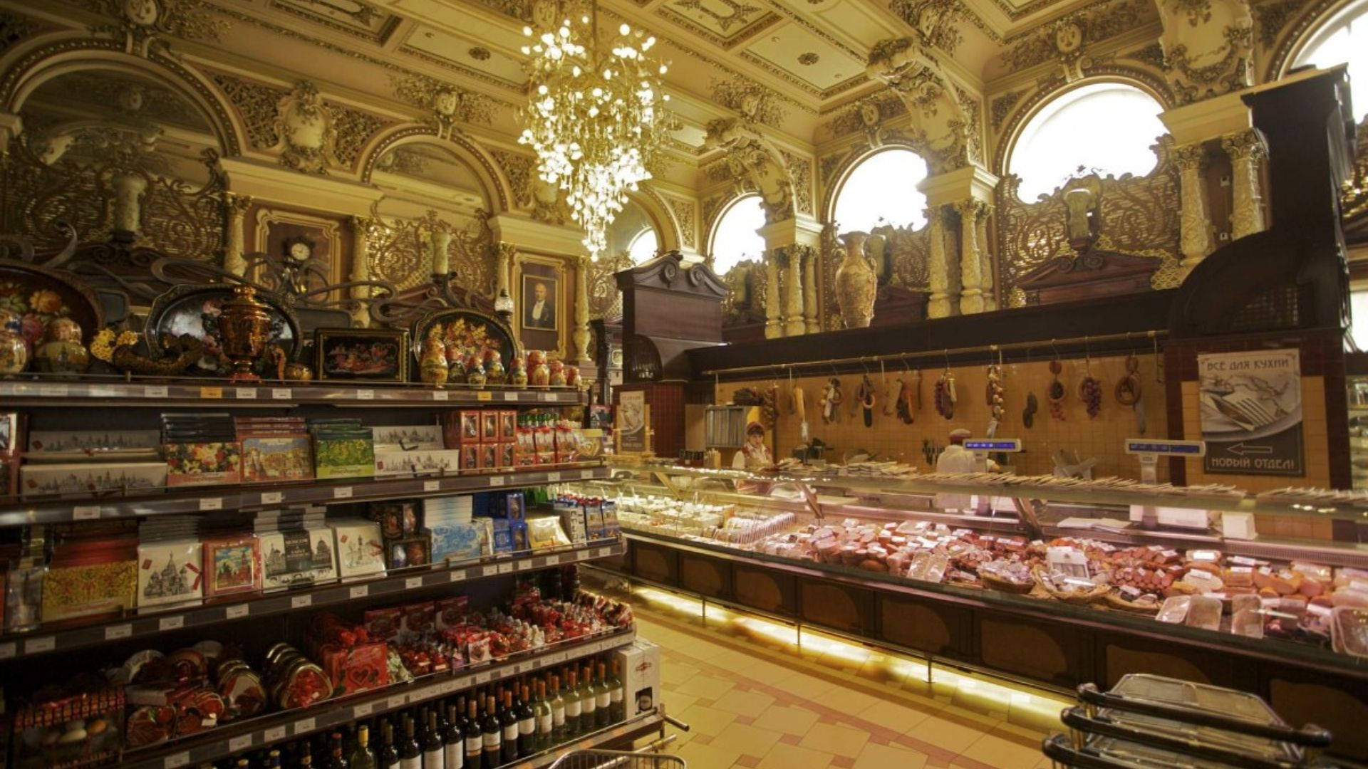 vintage grocery store, gilded ceilings, chandeliers, Full HD Desktop Wallpaper