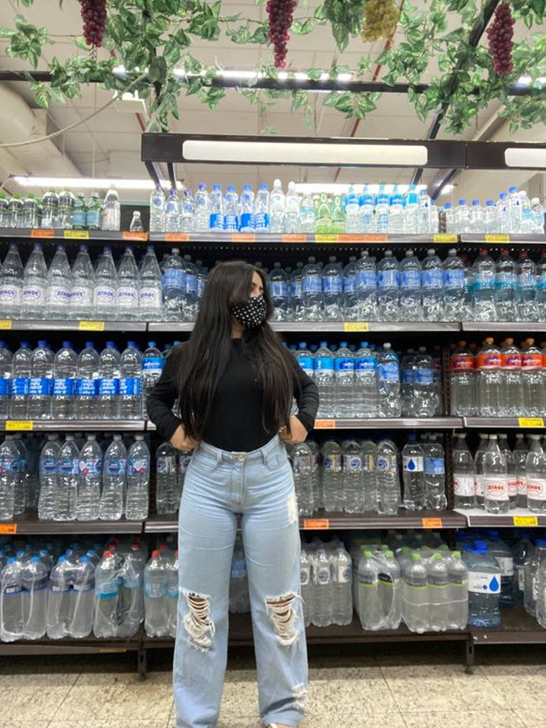 ripped jeans, black top, supermarket aisle, Full HD Phone Wallpaper