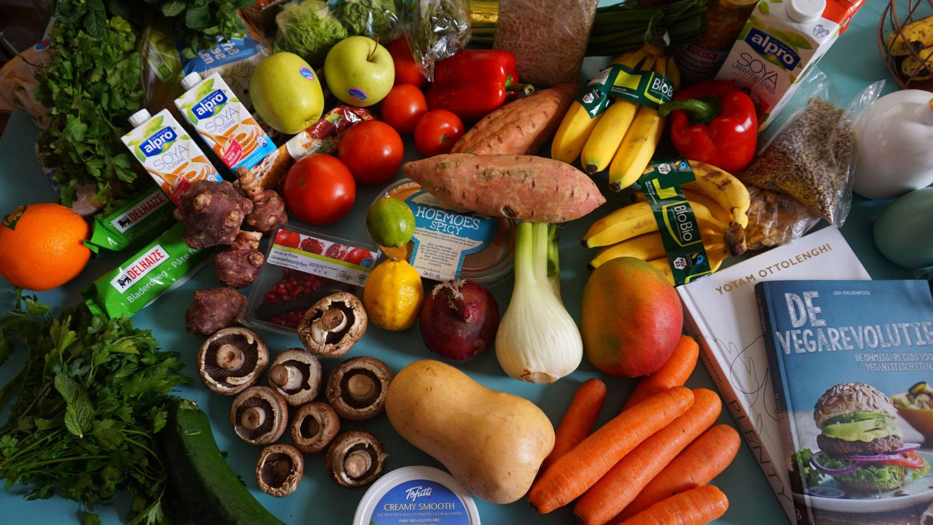 teal surface, fresh produce, dairy alternatives, Full HD Desktop Wallpaper
