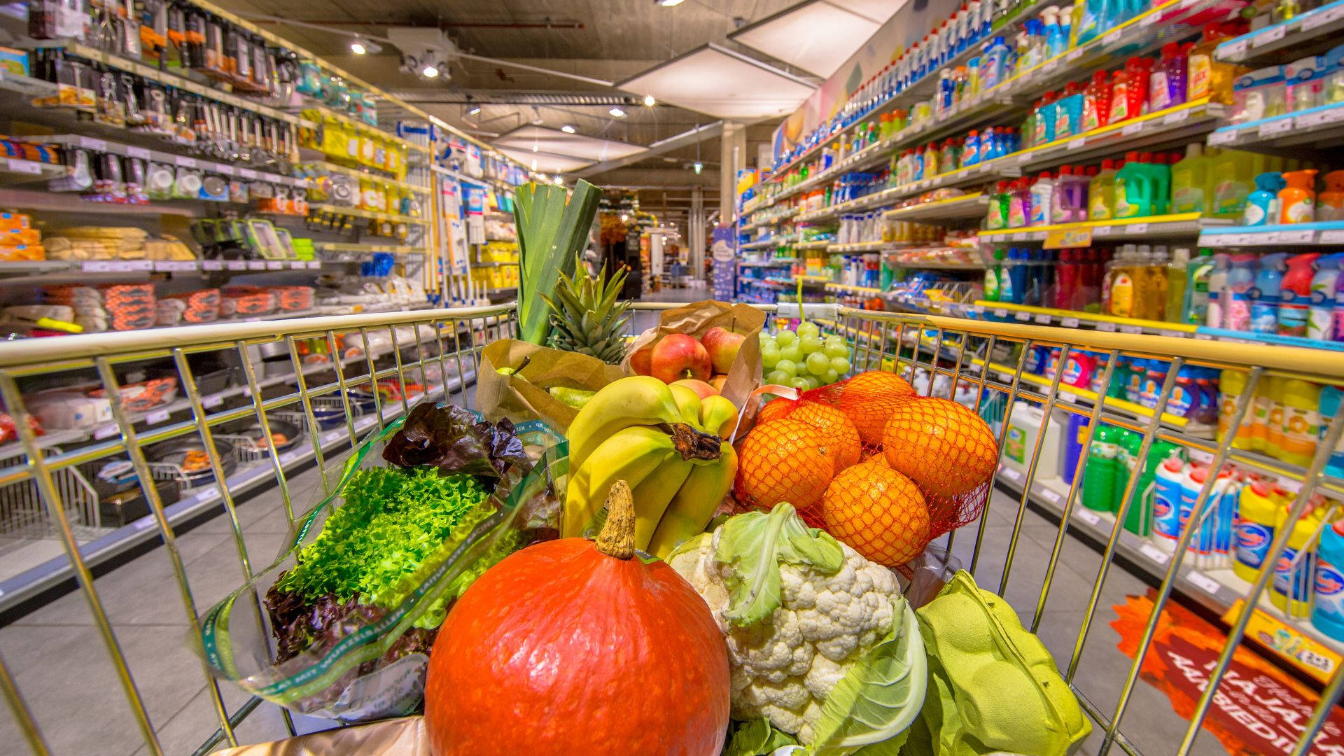 grocery store, shopping cart, fresh produce, Full HD Desktop Wallpaper
