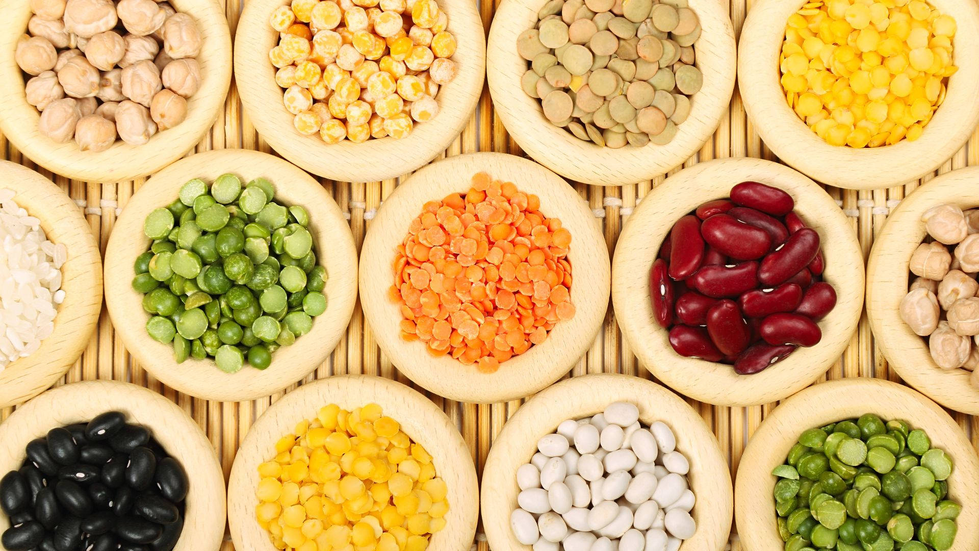 wooden bowls, woven bamboo mat, colorful legumes, Full HD Desktop Wallpaper