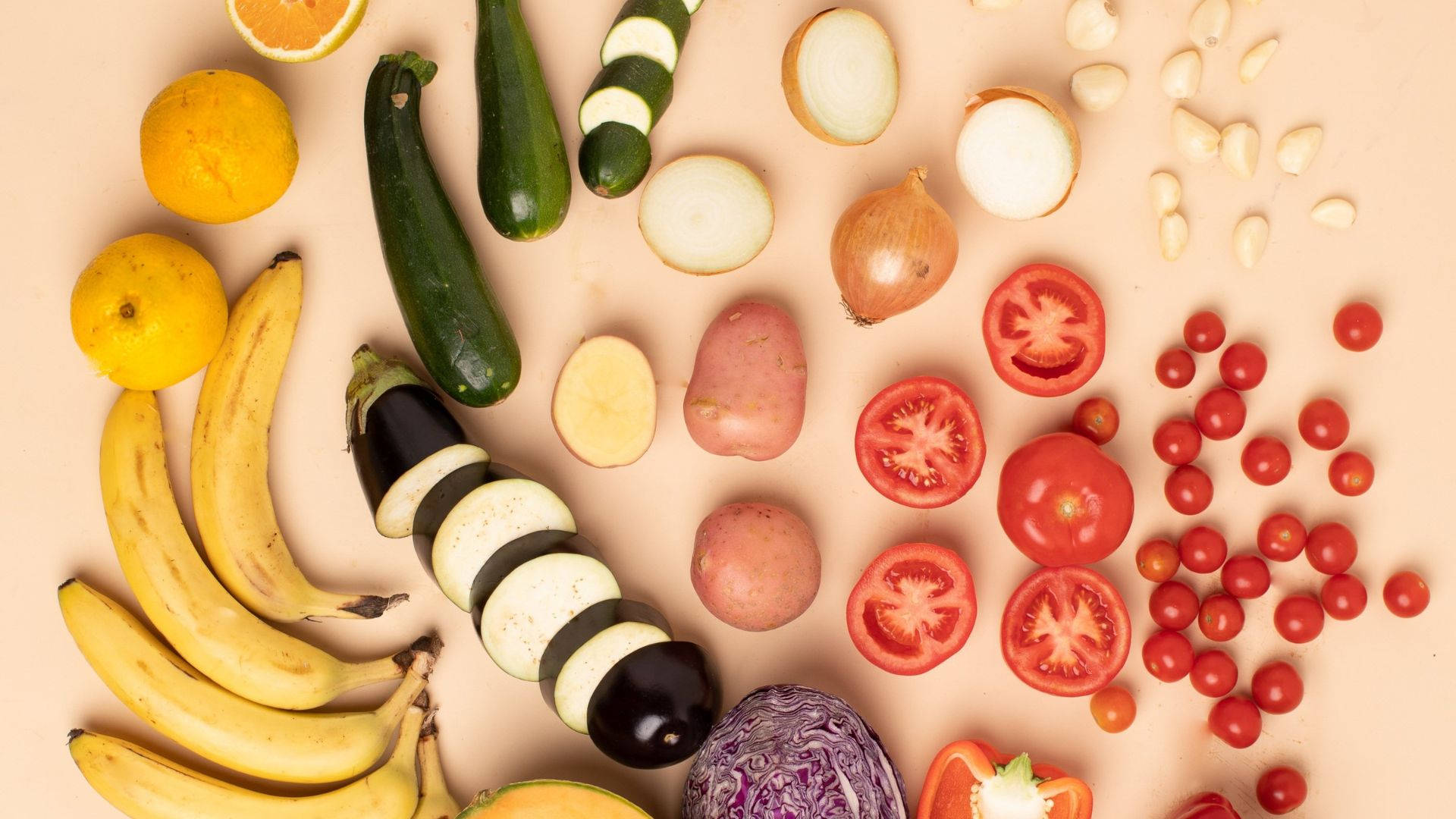 sliced tomatoes, fresh fruits and vegetables, flat lay, Full HD Desktop Wallpaper