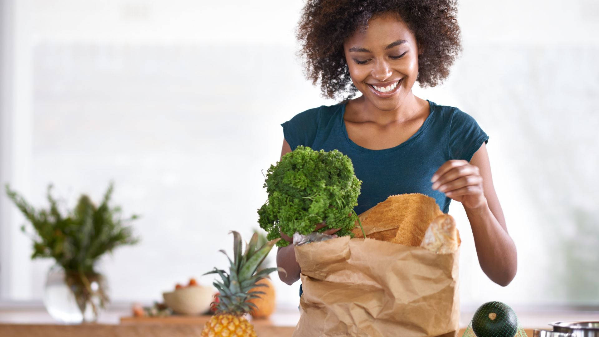 woman, curly hair, fresh green kale, Full HD Desktop Wallpaper