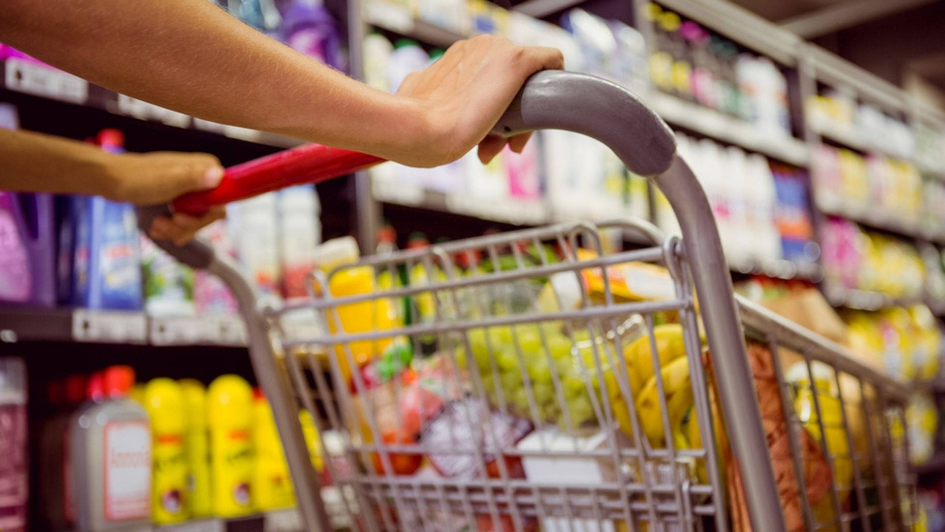 shopping cart, groceries, supermarket aisle, Full HD Desktop Wallpaper