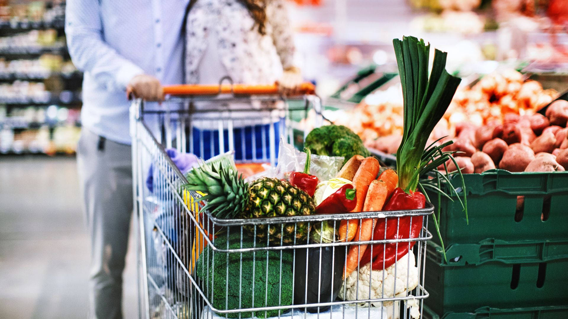 red bell peppers, shopping cart, fresh produce, Full HD Desktop Wallpaper