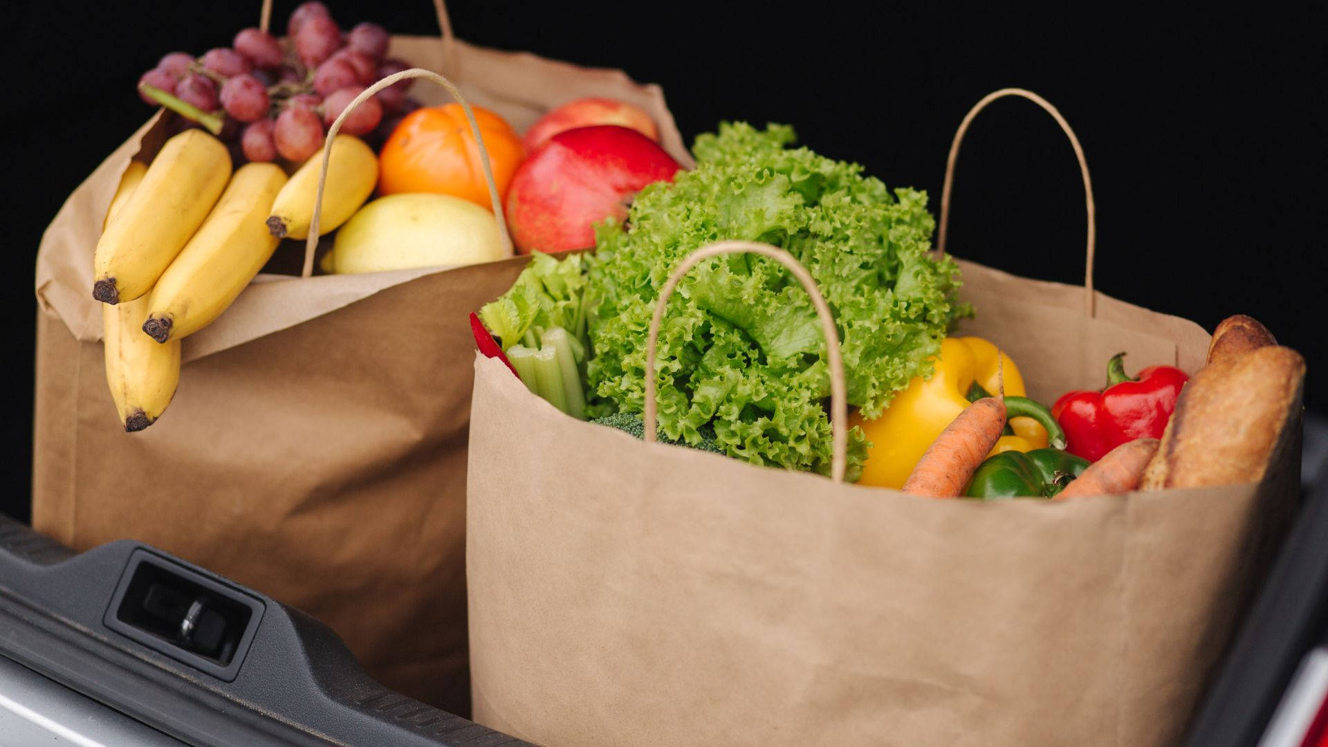 brown paper grocery bags, fresh fruits vegetables, bread, Full HD Desktop Wallpaper