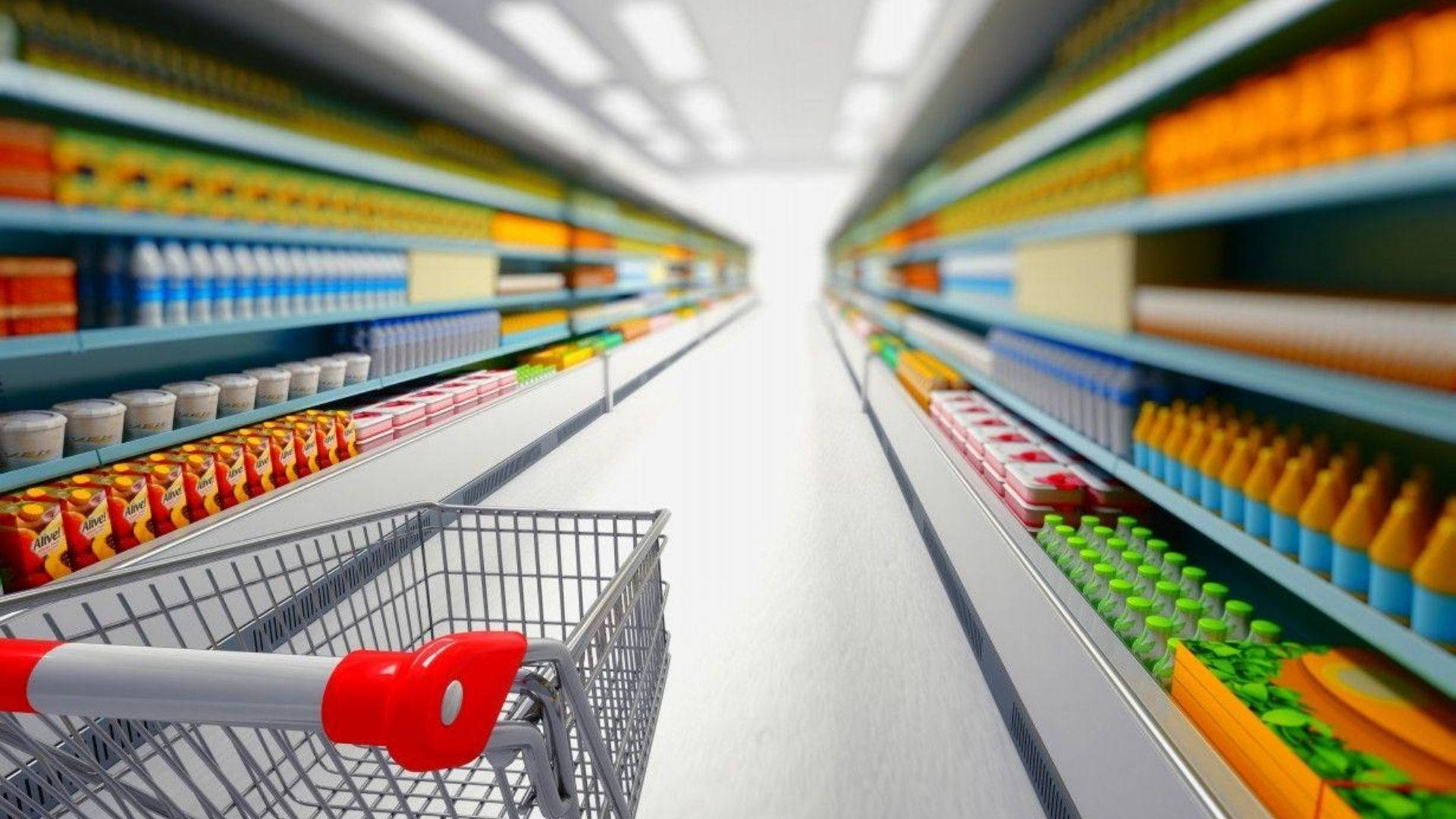 shopping cart, brightly lit supermarket aisle, colorful packaged goods, Full HD Desktop Wallpaper