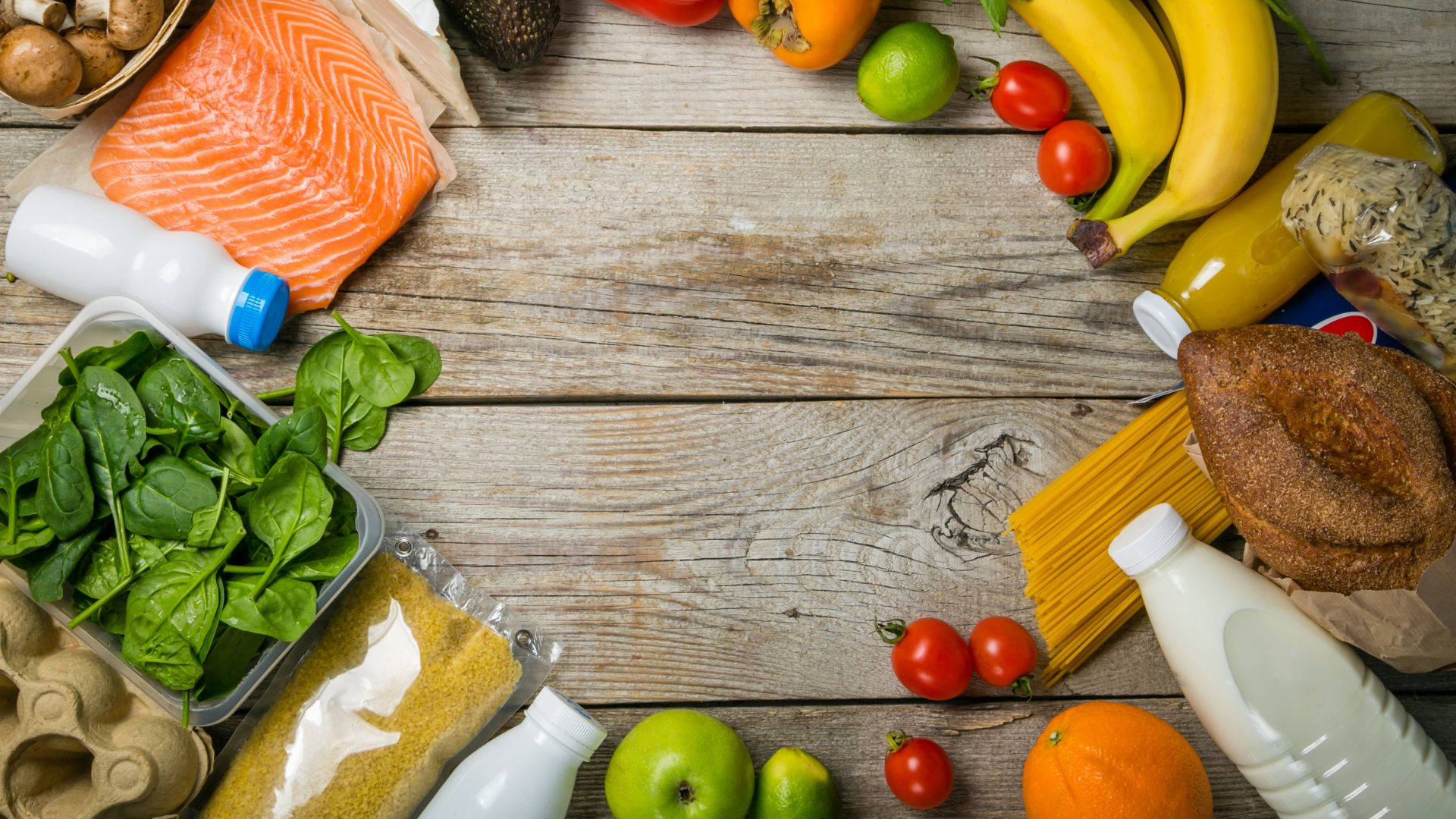 salmon, spinach, bananas, Full HD Desktop Wallpaper