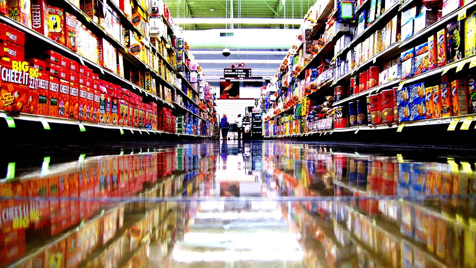 supermarket aisle, reflective floors, colorful snack boxes, HD Desktop Wallpaper
