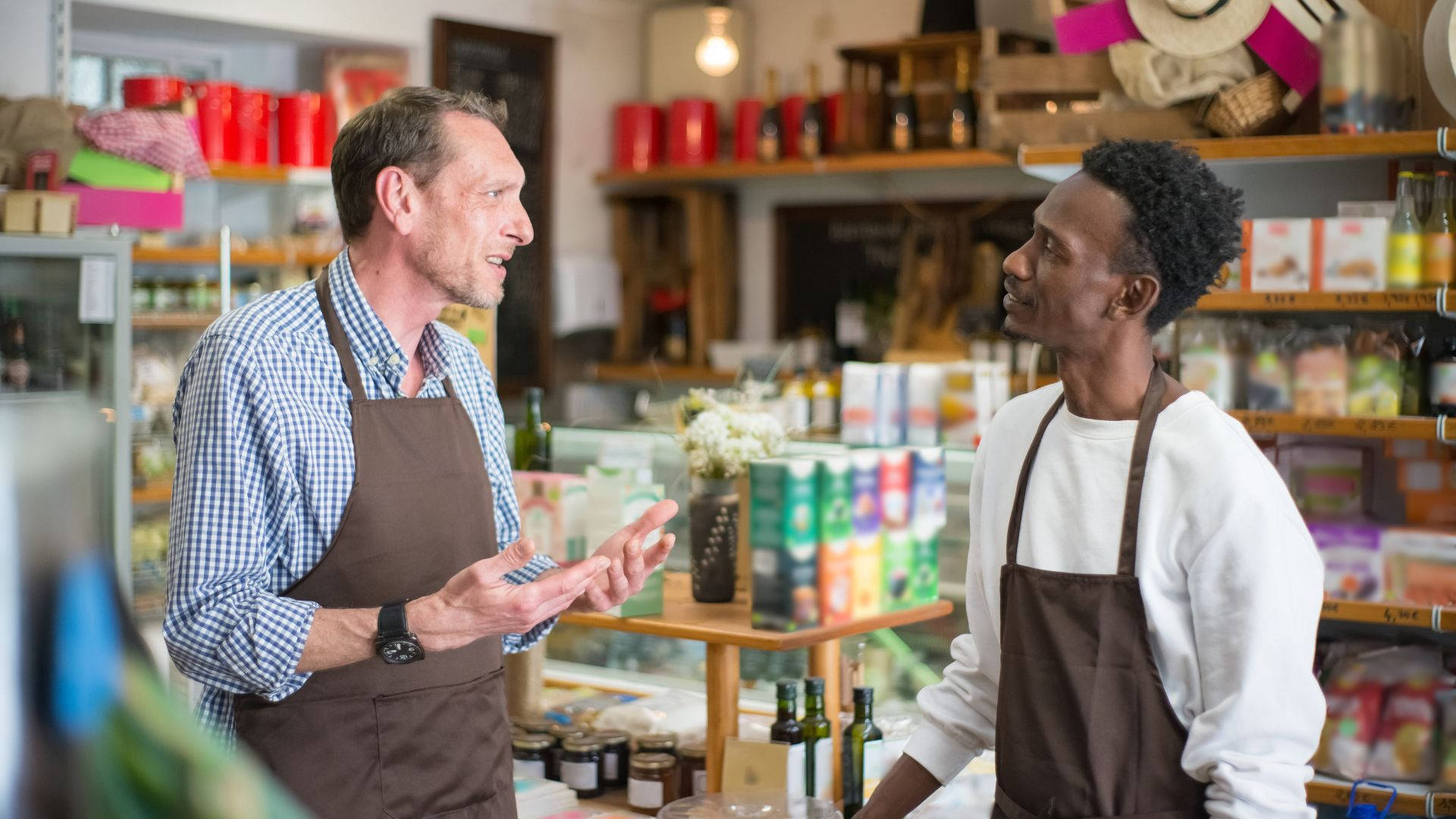Grocery, two men, aprons, Full HD Desktop Wallpaper