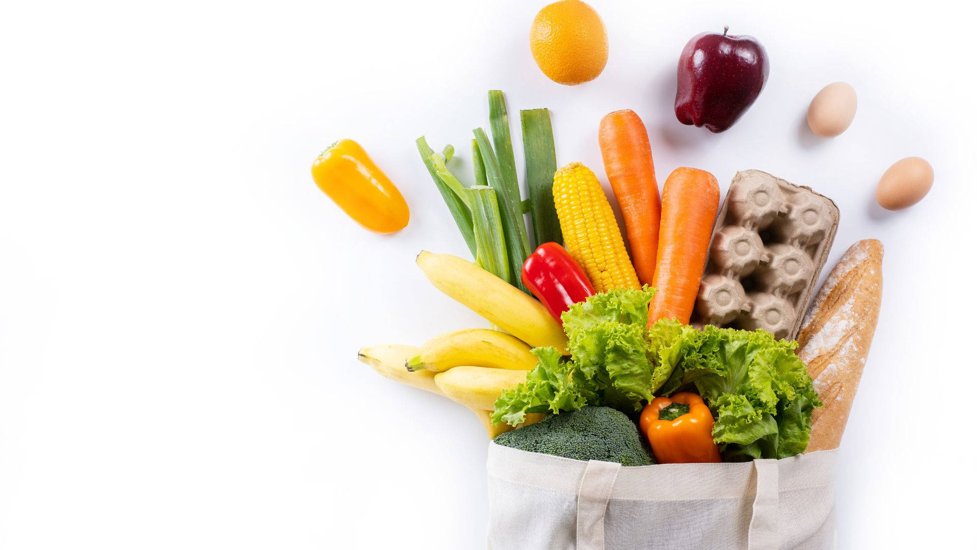 beige reusable bag, fresh produce, eggs, Full HD Desktop Wallpaper