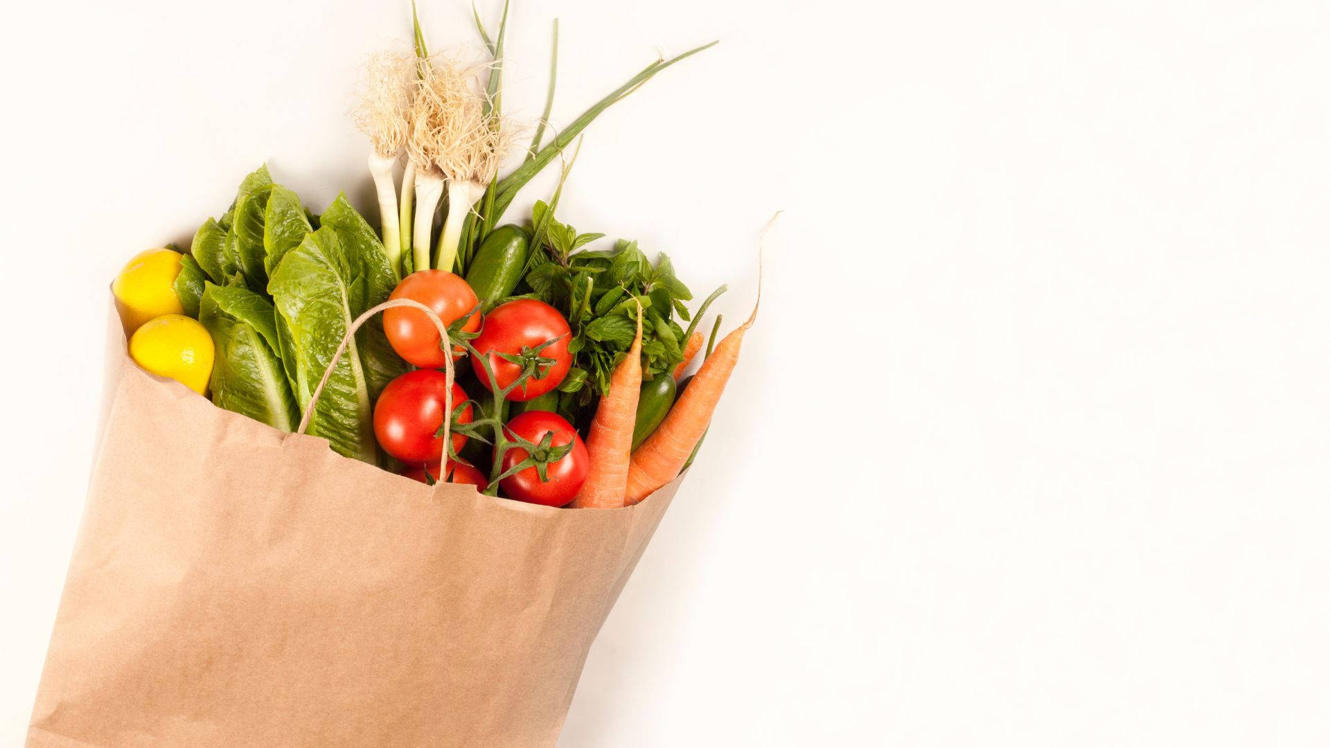 brown paper bag, fresh vibrant vegetables, tomatoes, Full HD Desktop Wallpaper