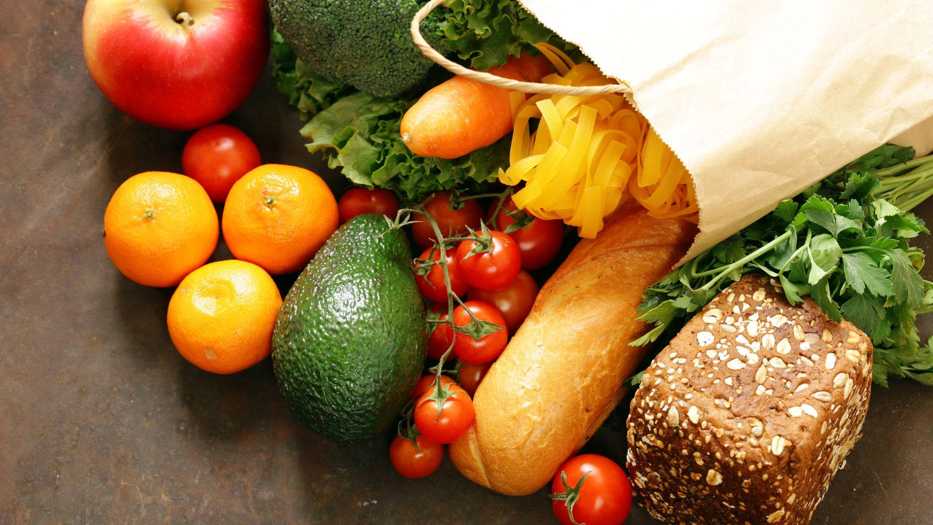 grocery items, white paper bag, apples, Full HD Desktop Wallpaper