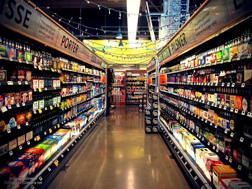 fairy lights, supermarket aisle, colorful beer bottles, SD Desktop Wallpaper