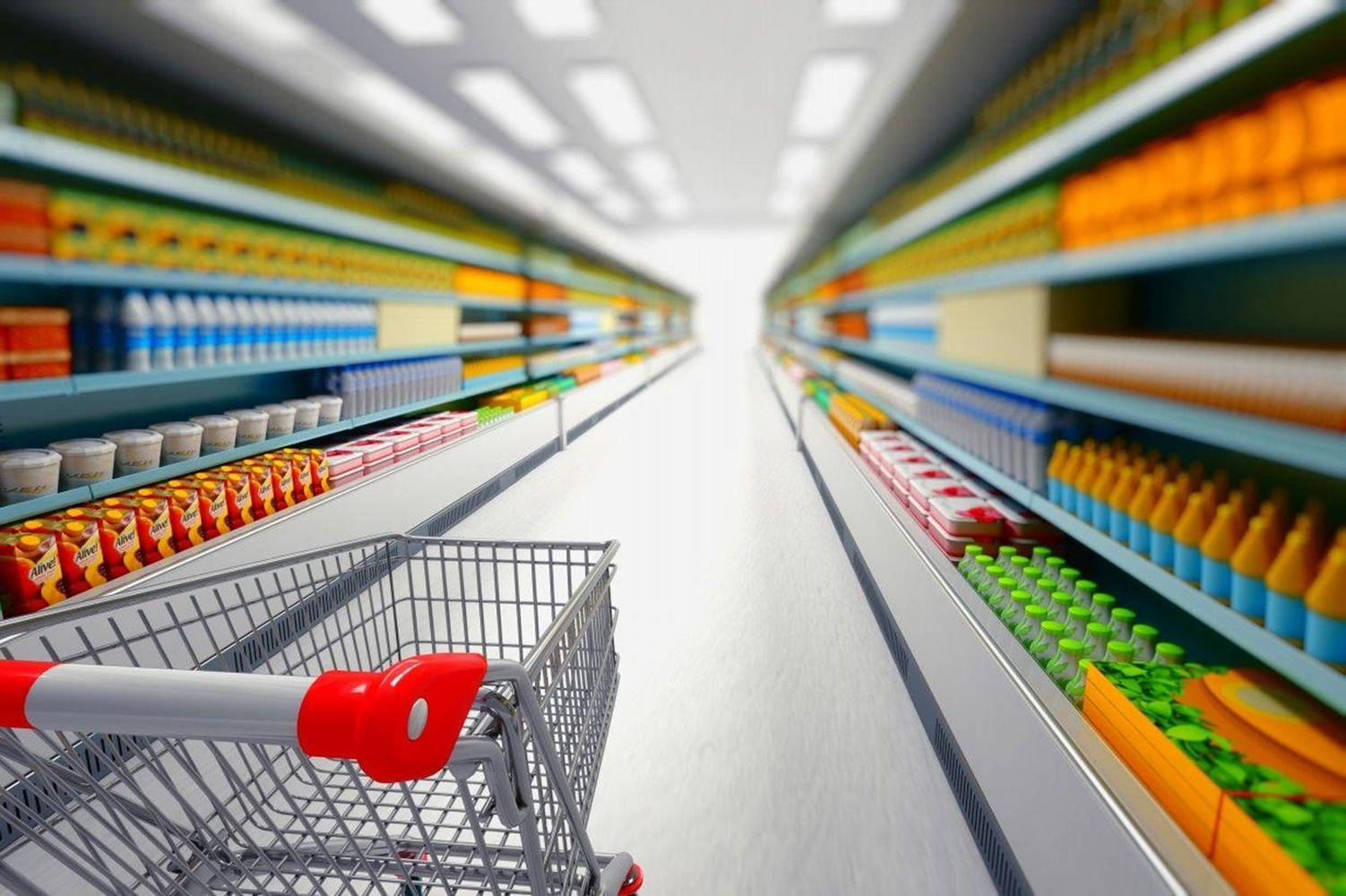 shopping cart, supermarket aisle, colorful packaged goods, HD Desktop Wallpaper