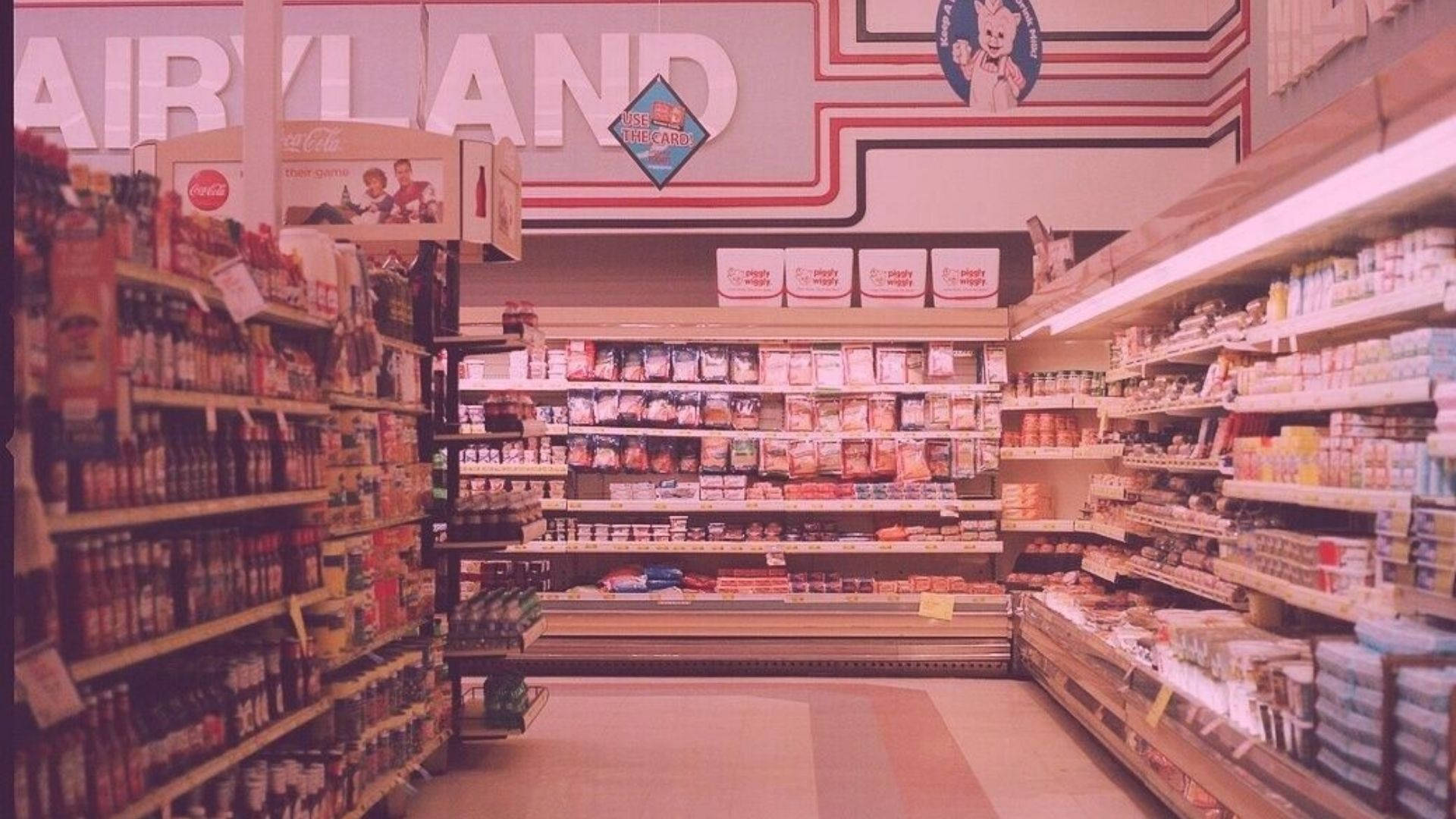 1980s supermarket aisle, vintage signage, stocked shelves, Full HD Desktop Wallpaper
