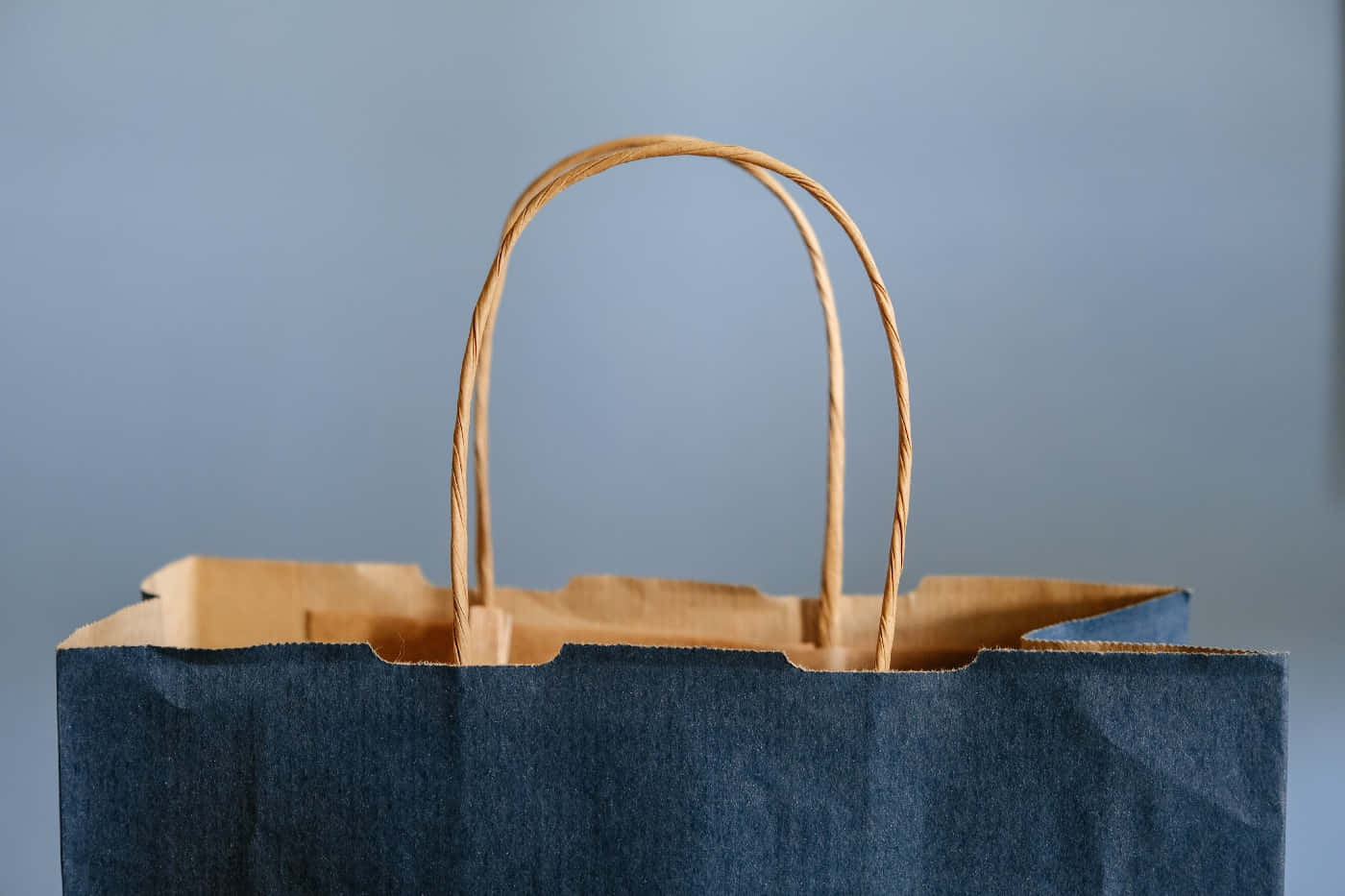 dark blue paper shopping bag, twisted natural fiber handles, soft gray background, HD Desktop Wallpaper