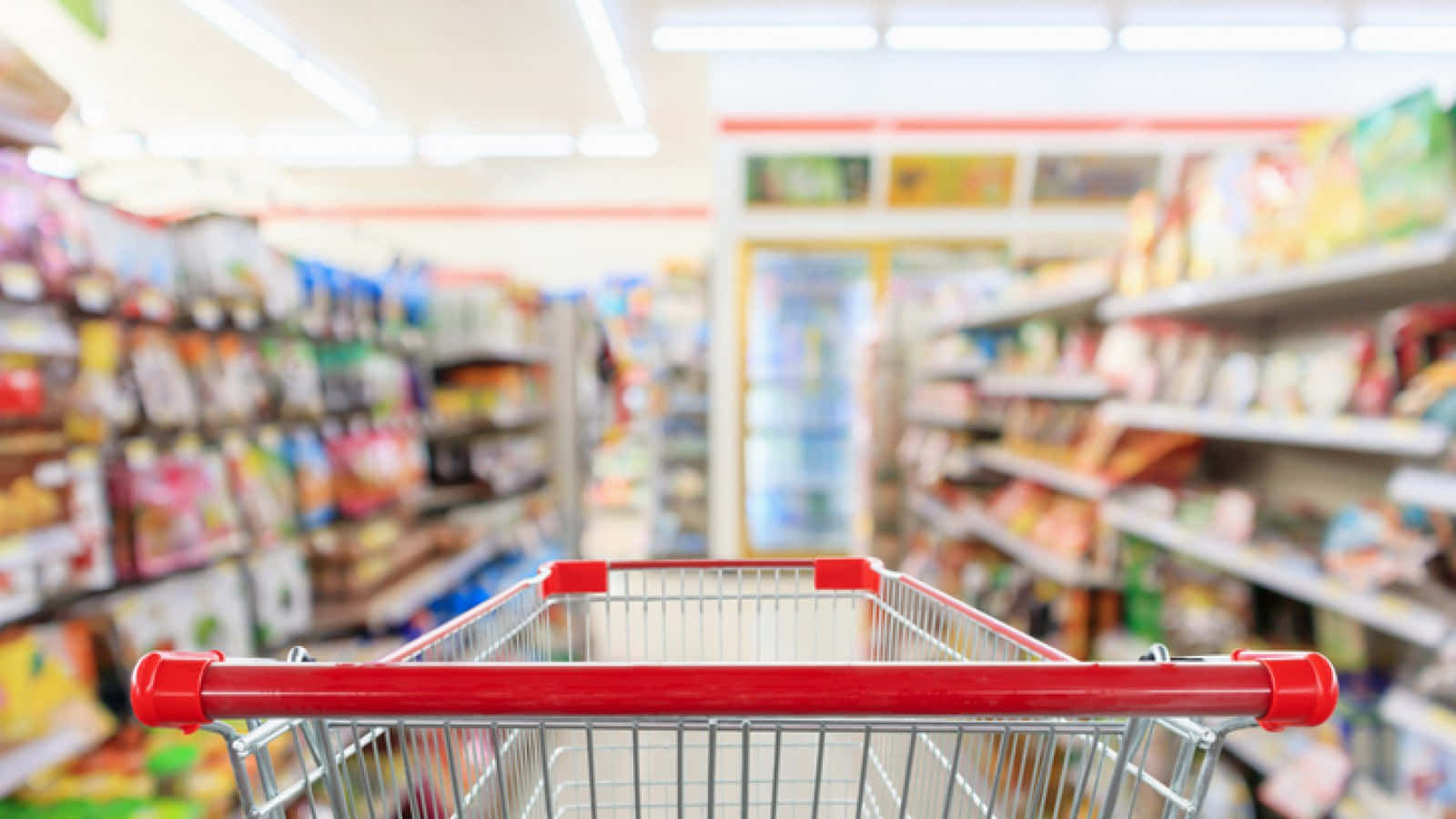 red shopping cart, brightly lit supermarket aisle, blurred shelves, HD Desktop Wallpaper