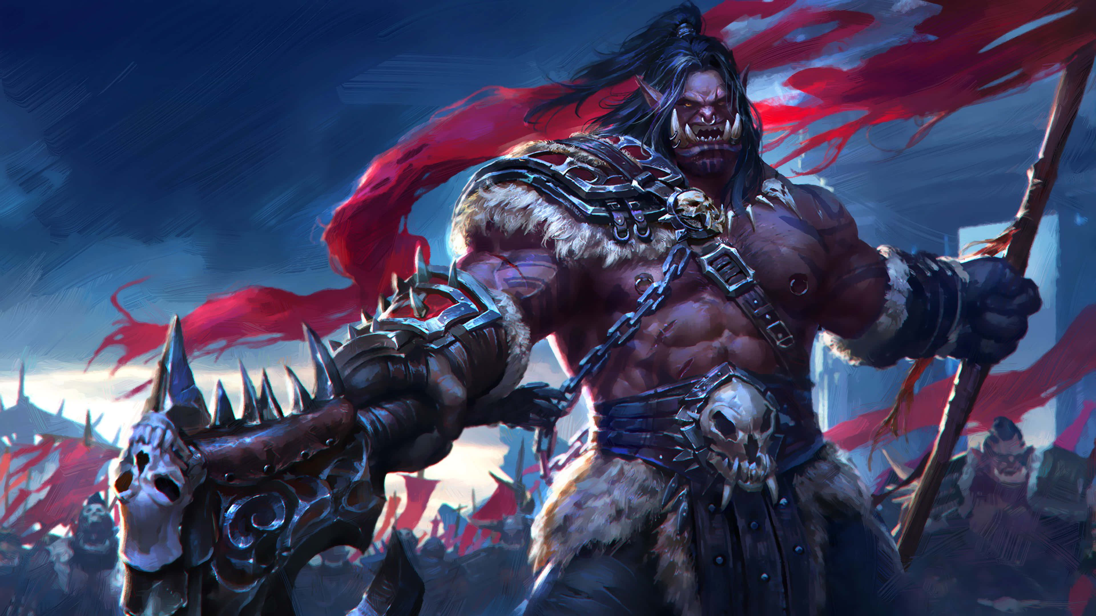 Grom Hellscream, spiked armor, red banners, 4K Desktop Wallpaper