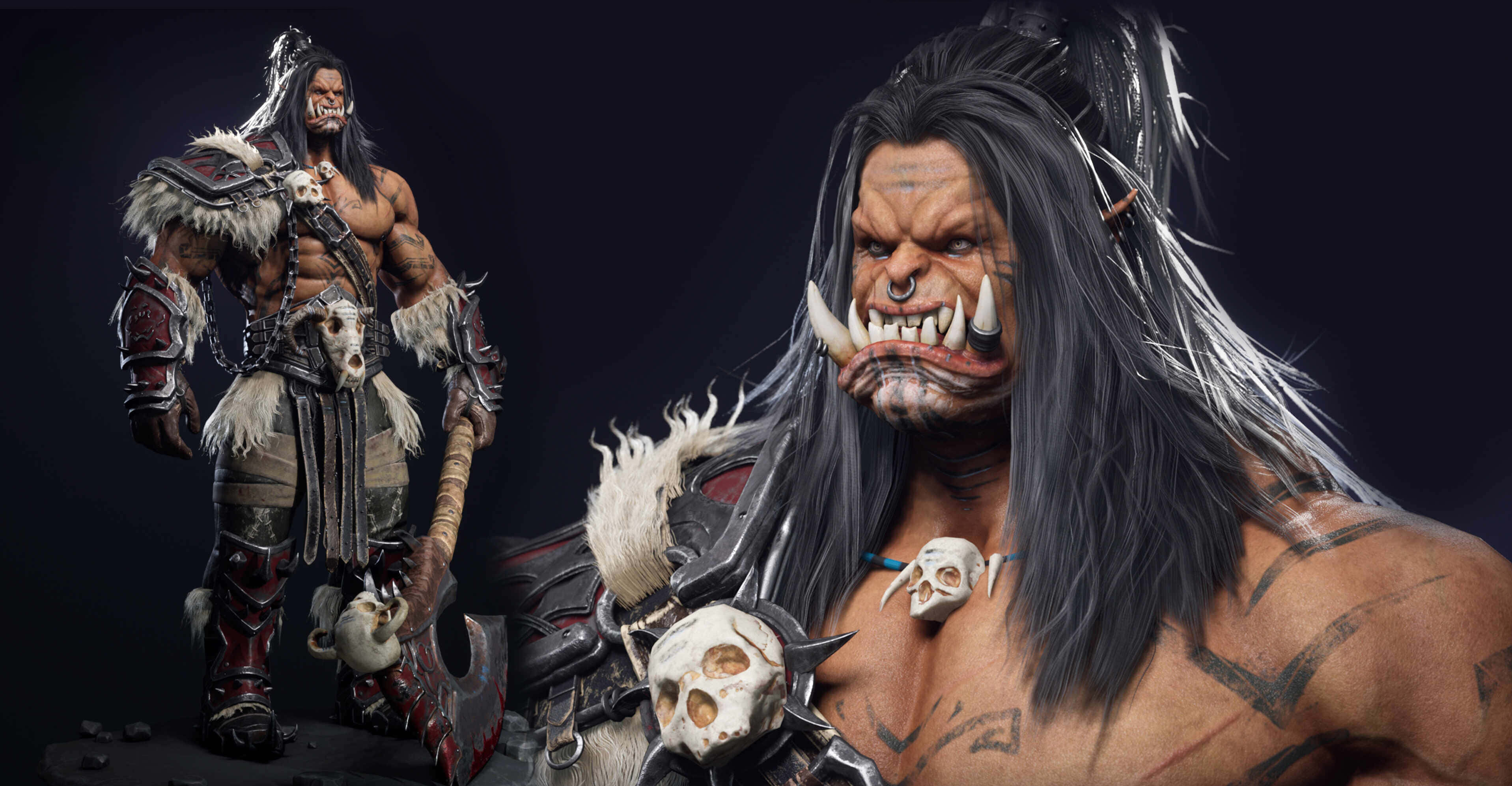 Grom Hellscream, orc warrior, long dark hair, 2K Desktop Wallpaper
