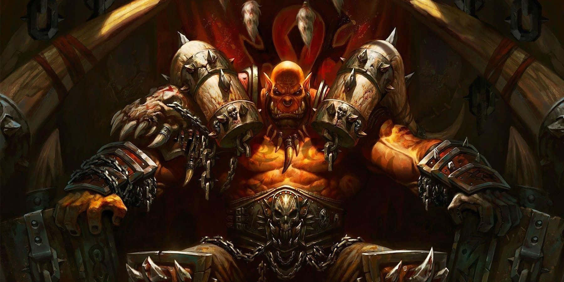 Grom Hellscream, glowing orange skin, throne of spiked armor, HD Desktop Wallpaper