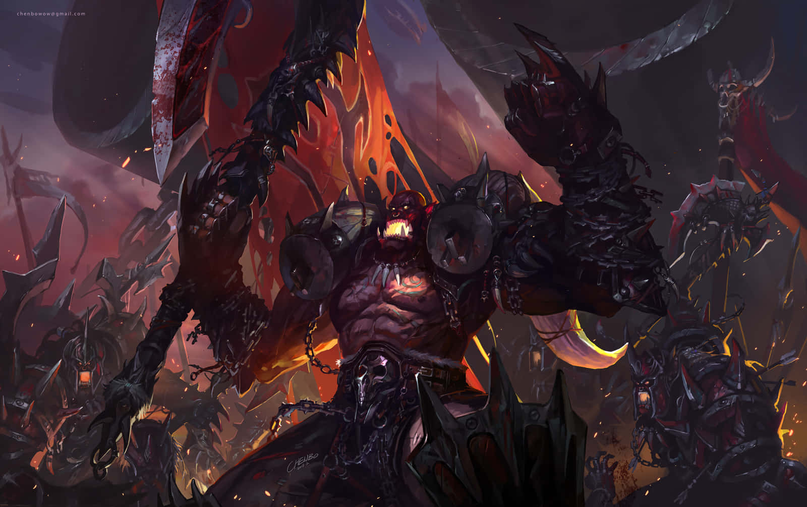 Grom Hellscream, flaming sword, fiery battlefield, HD Desktop Wallpaper