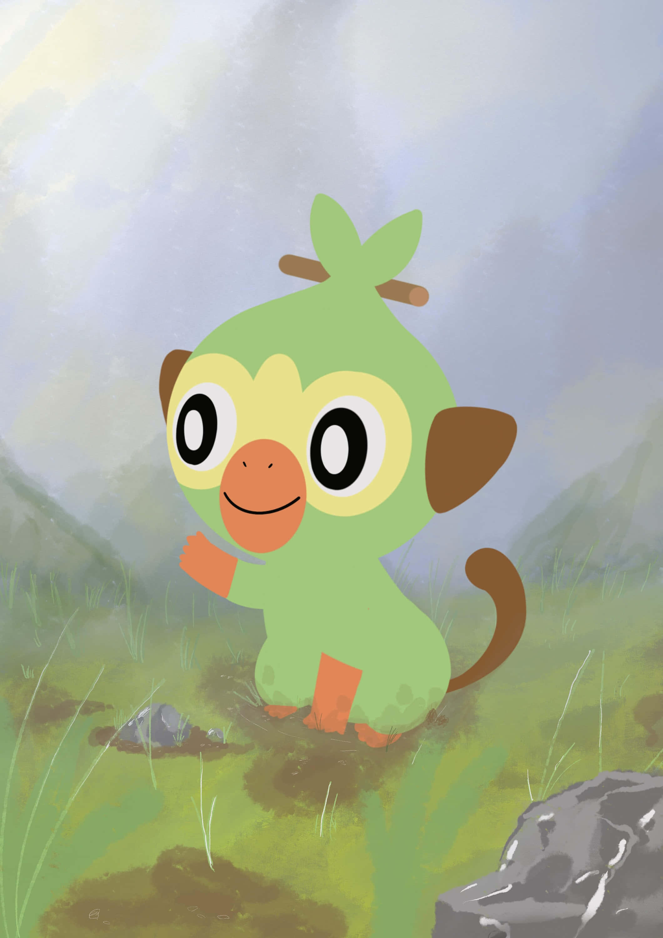 Grookey, green cartoon monkey, leaf-like hair, 2K Phone Wallpaper