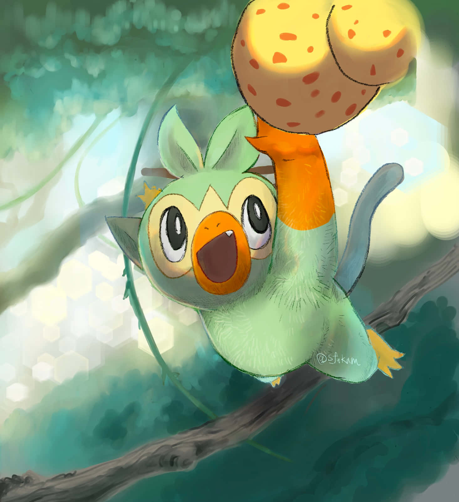 Grookey, tree branch, spotted fruit, HD Phone Wallpaper