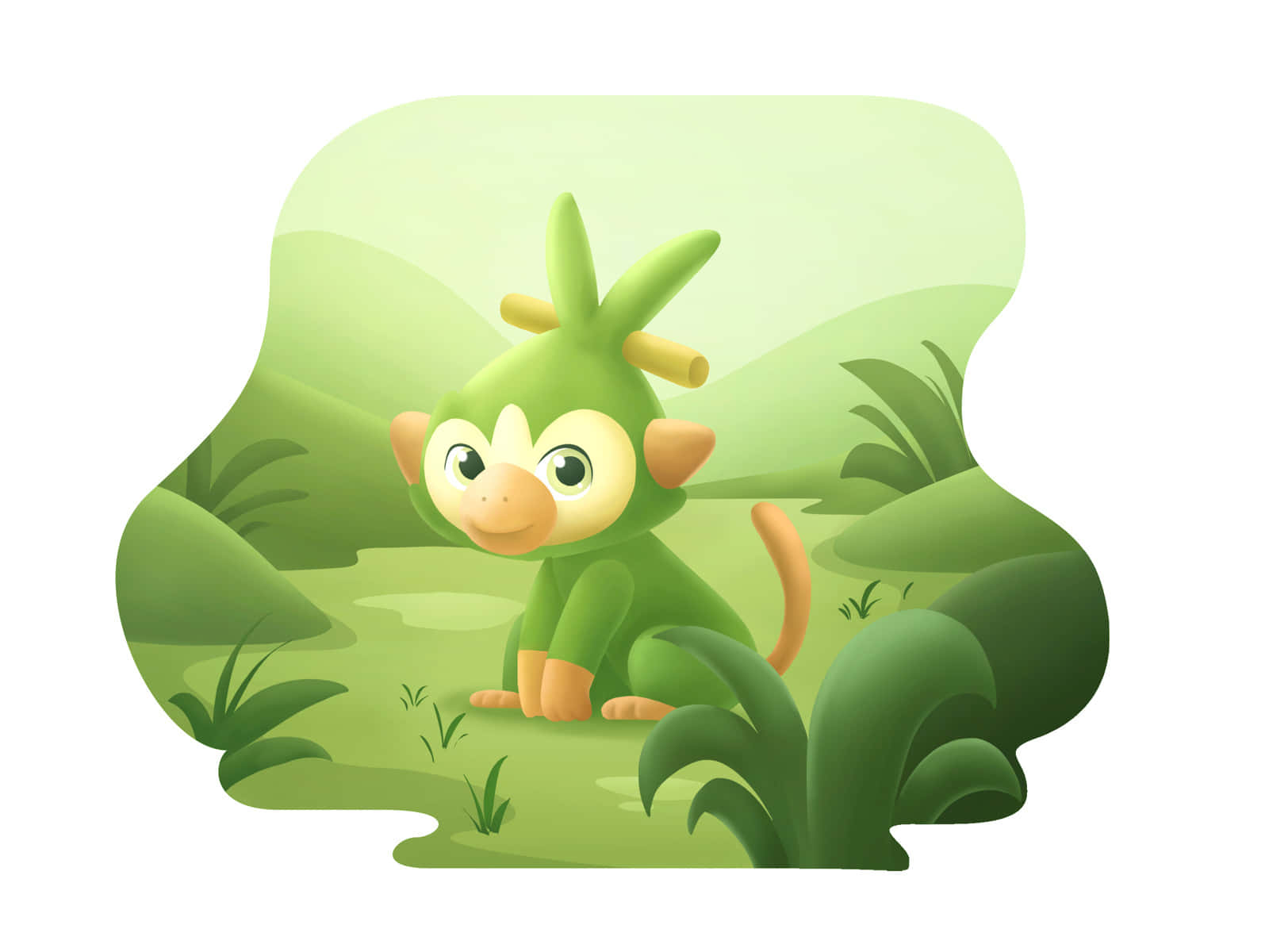 Grookey, green cartoon monkey, leaf-like ears, HD Desktop Wallpaper