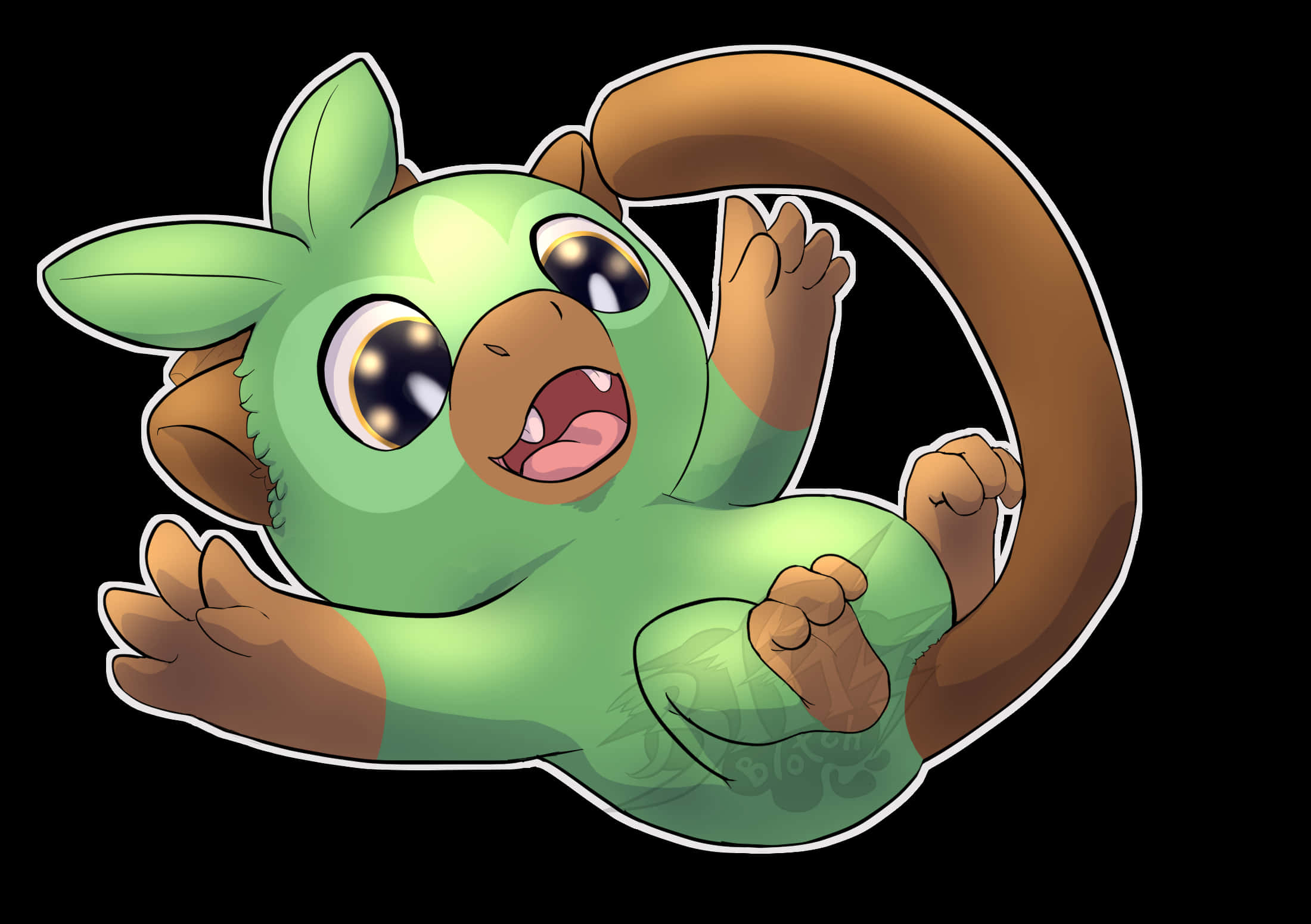 Grookey, green cartoon lemur, big eyes, Full HD Desktop Wallpaper