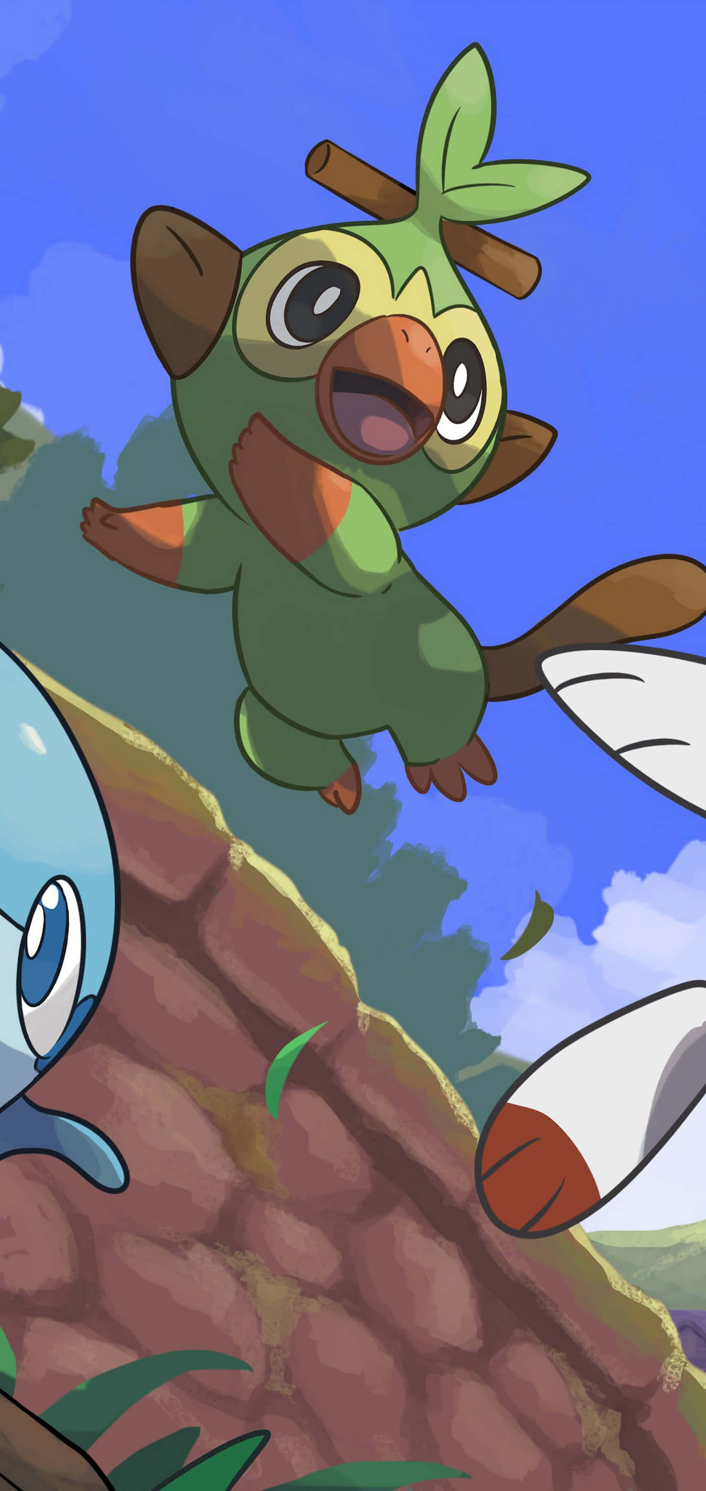 Grookey, leafy headgear, rocky cliff, 2K Phone Wallpaper