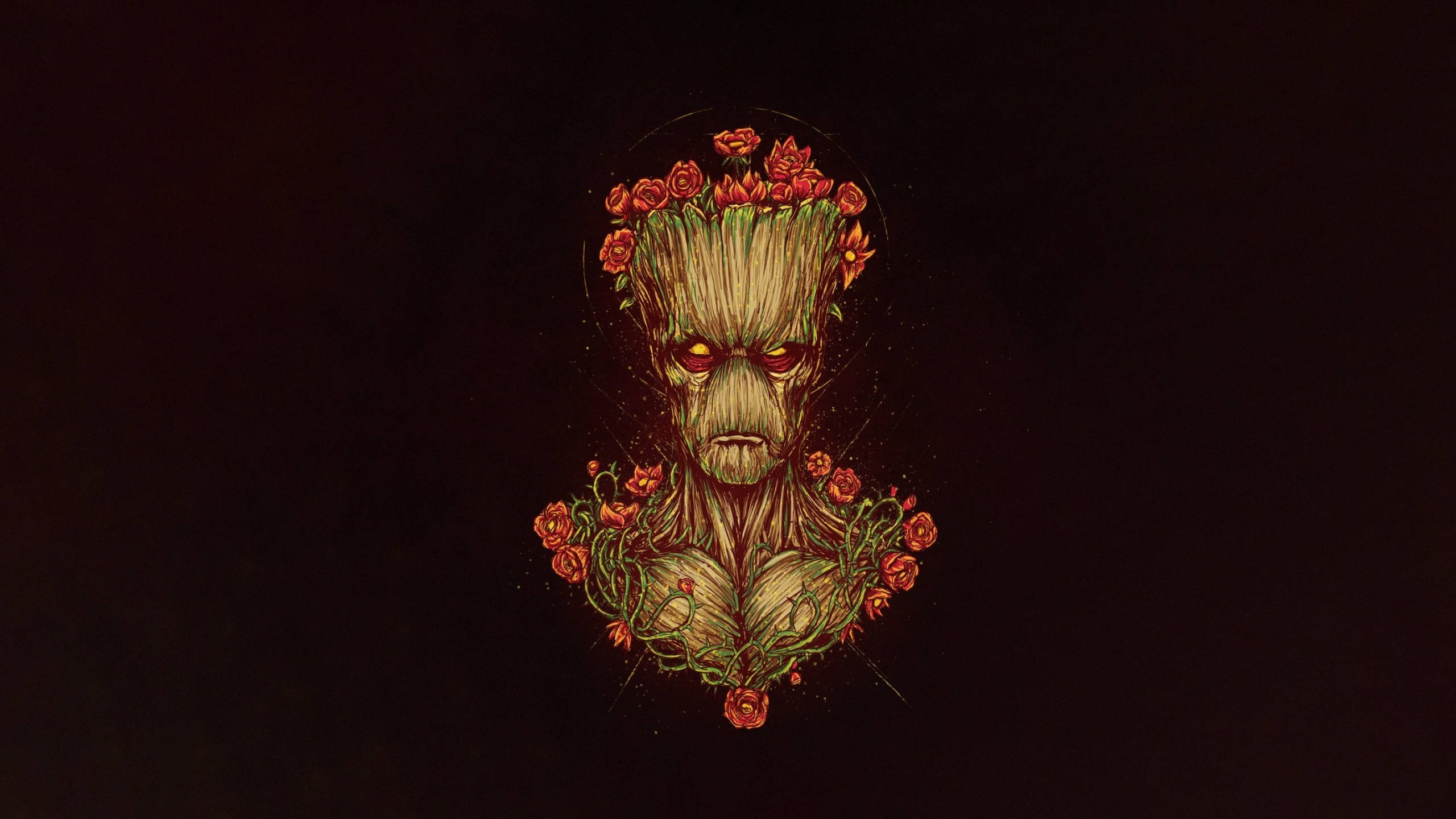 Groot, red roses, glowing red eyes, 2K Desktop Wallpaper