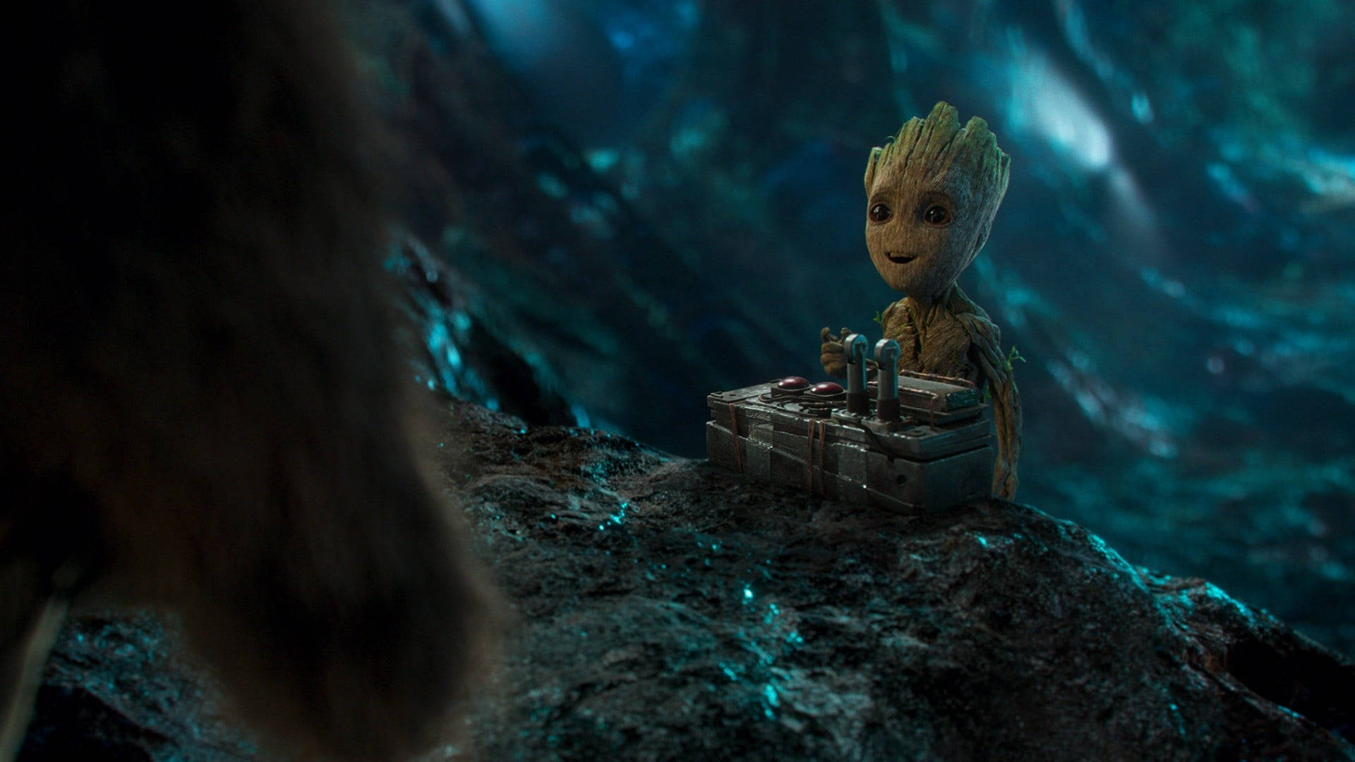 Groot, tiny tree-like creature, glowing blue cave, Full HD Desktop Wallpaper