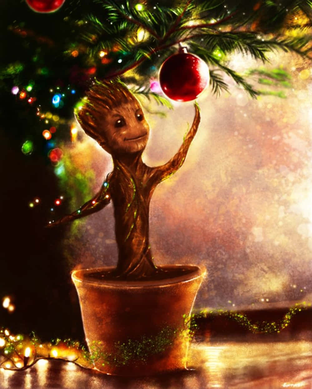 Groot, Christmas tree, red ornament, SD Phone Wallpaper