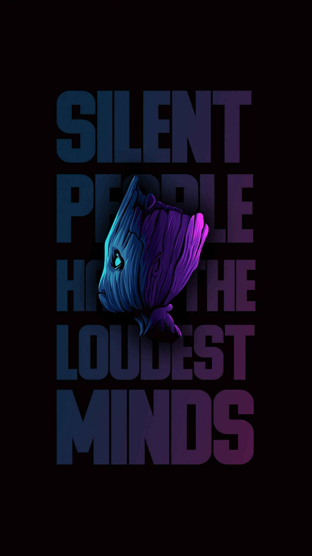 Groot, blue and purple gradients, SILENT PEOPLE HAVE THE LOUDEST MINDS, Full HD Phone Wallpaper