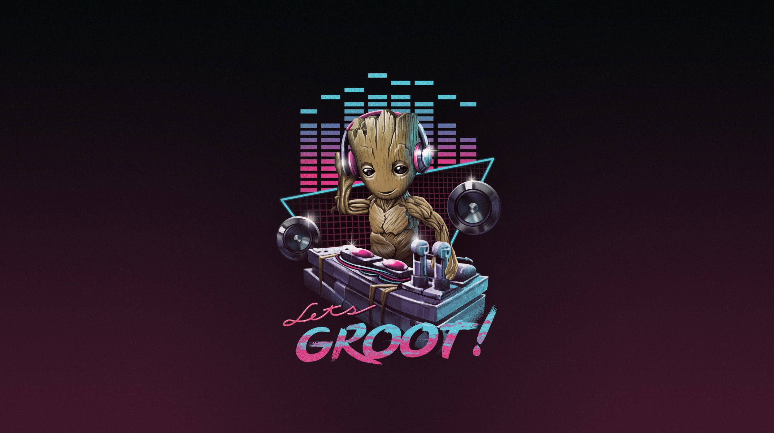 Groot, neon-lit, headphones, Full HD Desktop Wallpaper