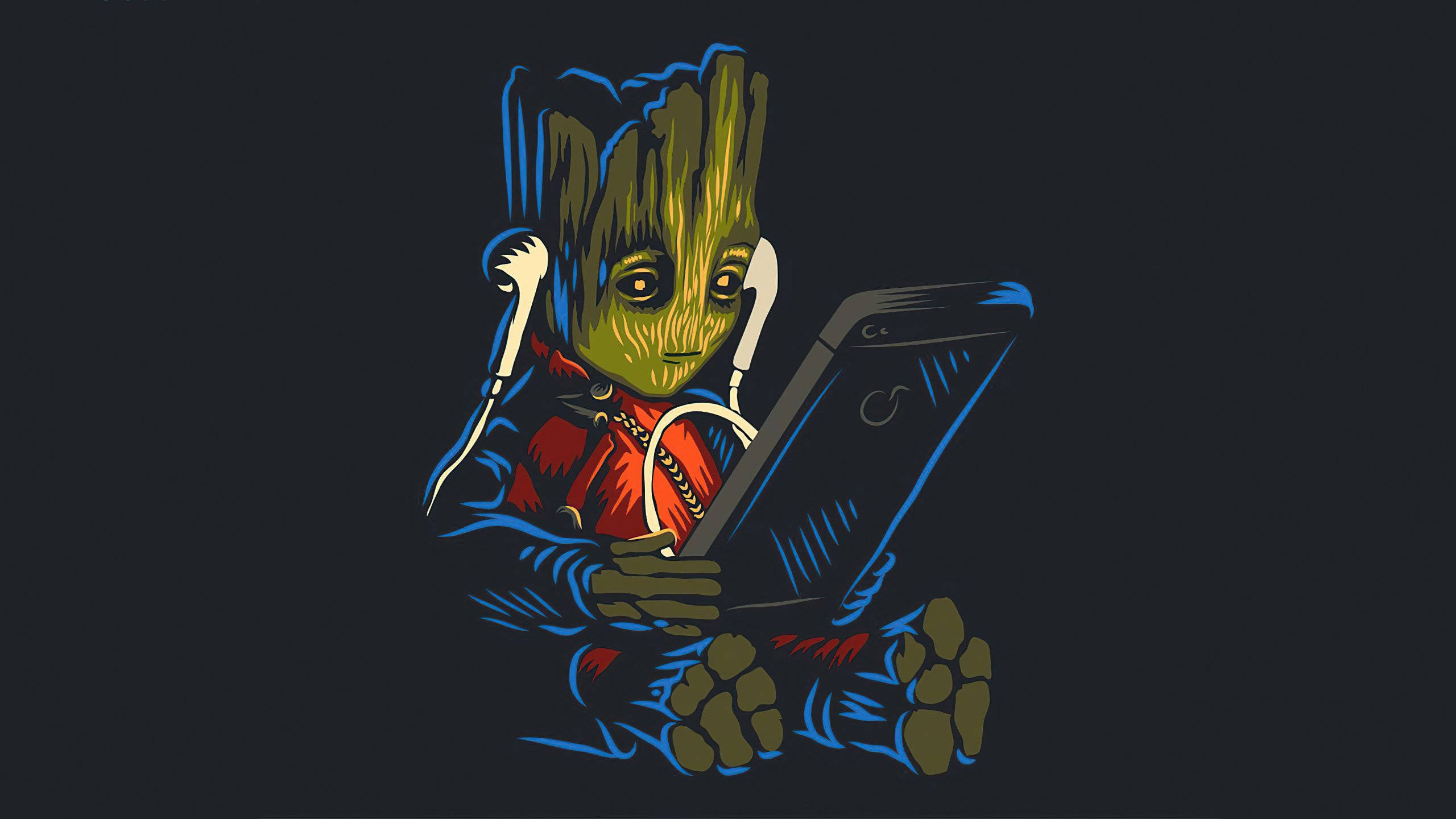 Groot, tablet, headphones, 2K Desktop Wallpaper