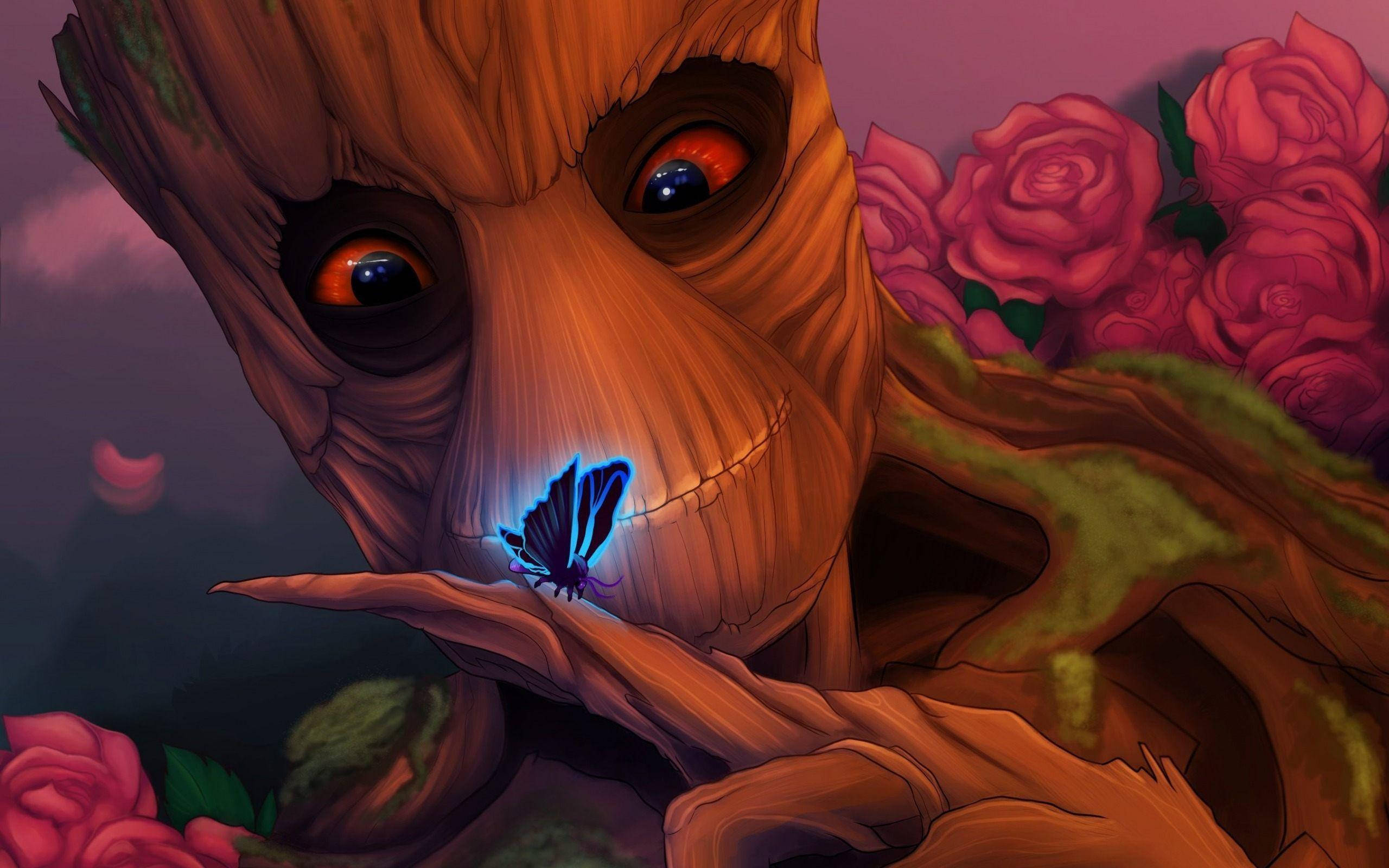 Groot, blue butterfly, glowing eyes, 2K Desktop Wallpaper