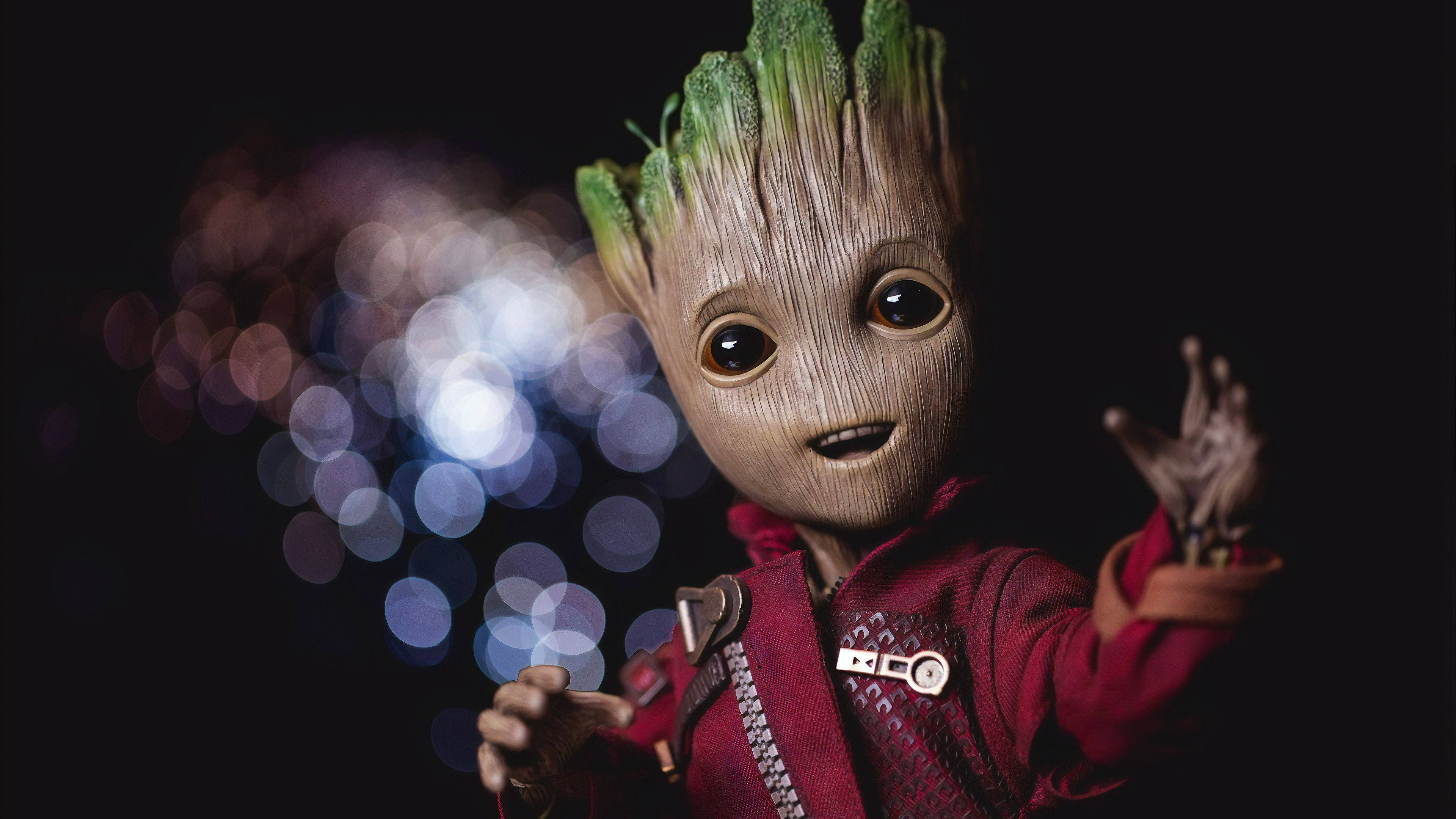 Groot, red jacket, bokeh lights, 4K Desktop Wallpaper