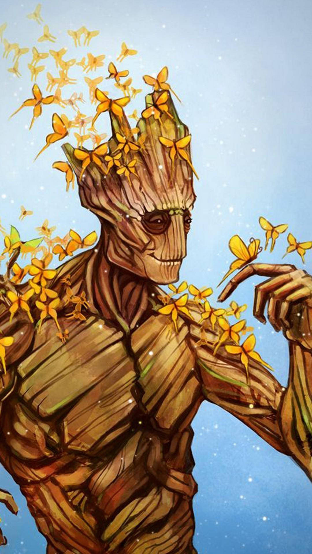 Groot, golden butterflies, tree-like form, Full HD Phone Wallpaper