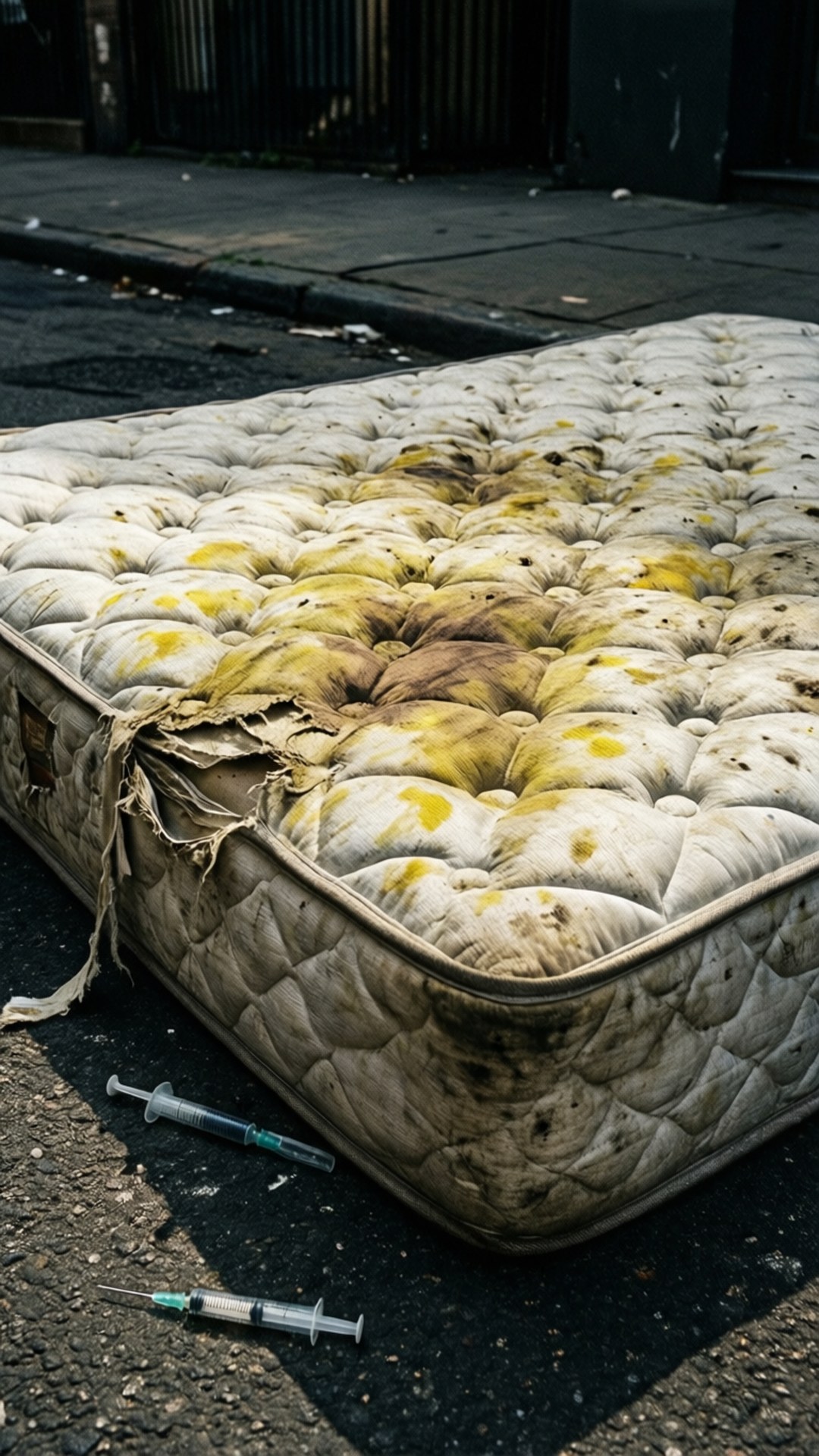street mattress stain, stained mattress, abandoned on the street, Full HD Phone Wallpaper