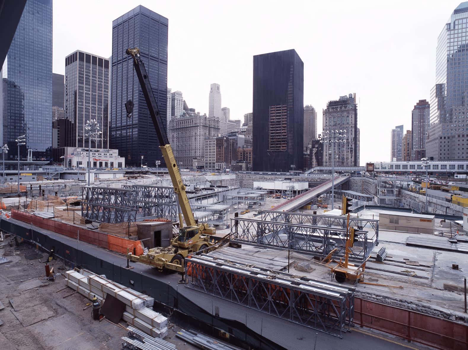 Ground Zero, yellow crane, steel girders, HD Desktop Wallpaper