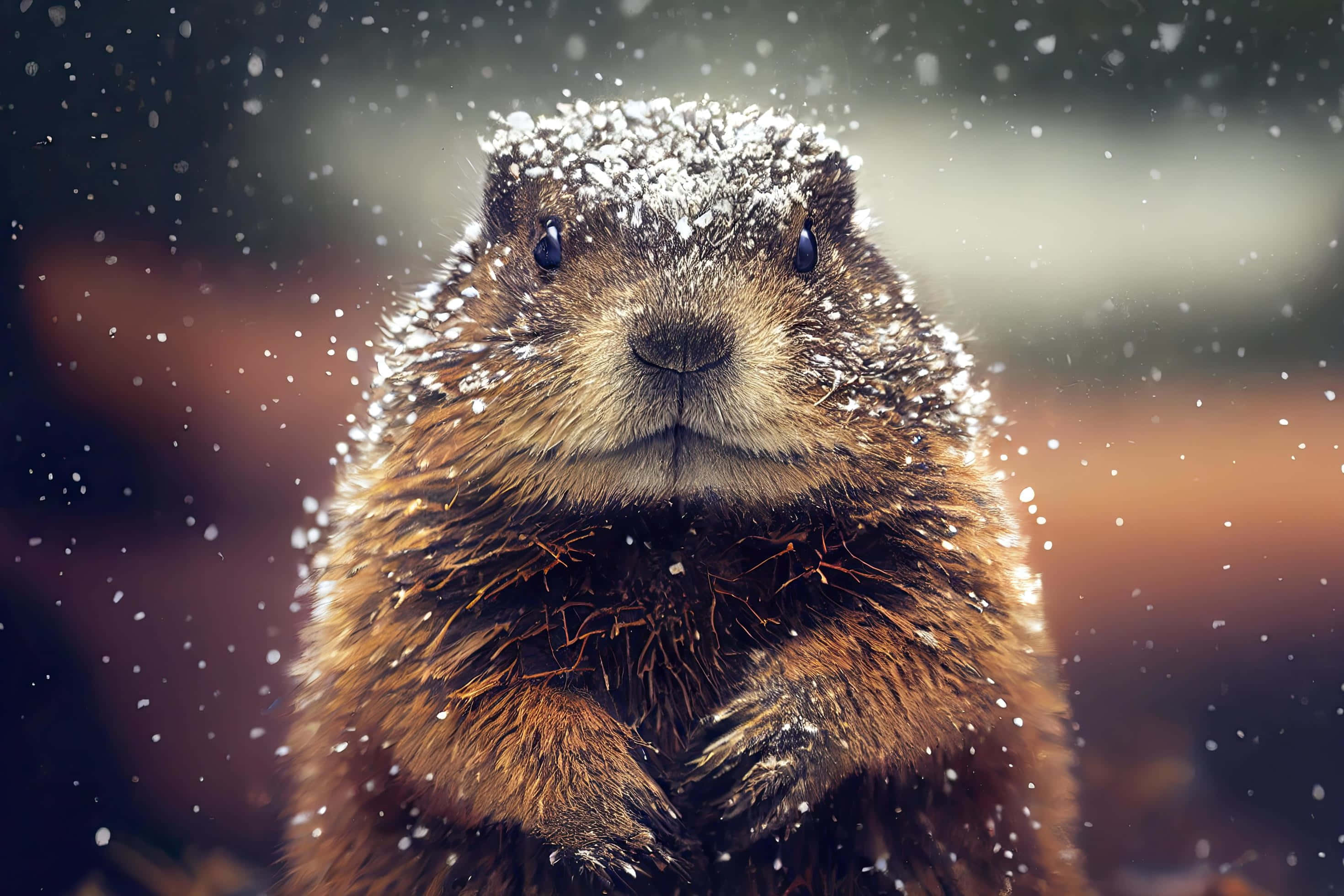 snowy groundhog, fluffy brown groundhog, snowflakes, 2K Desktop Wallpaper