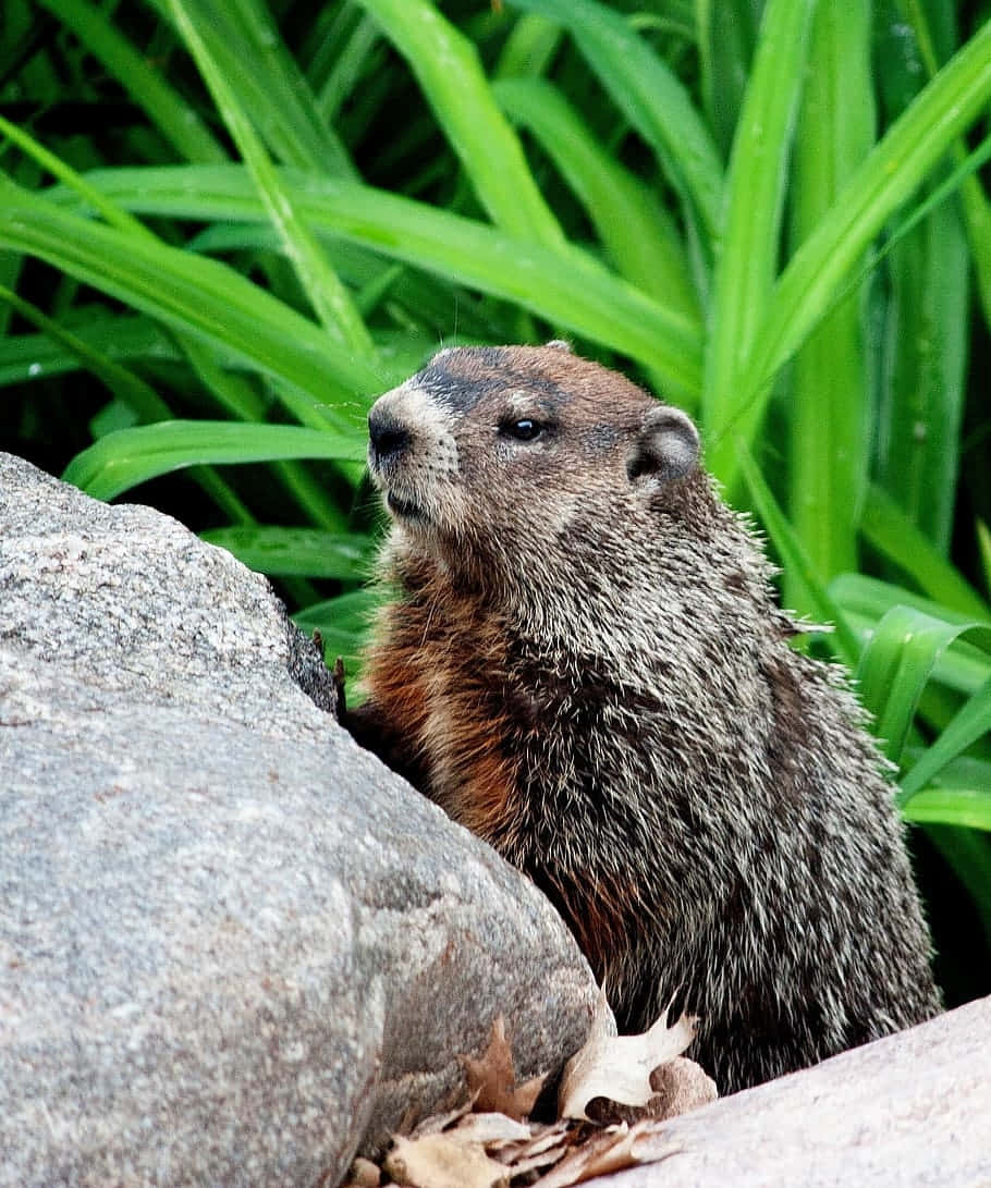 Groundhog, brown and gray fur, gray rock, SD Phone Wallpaper